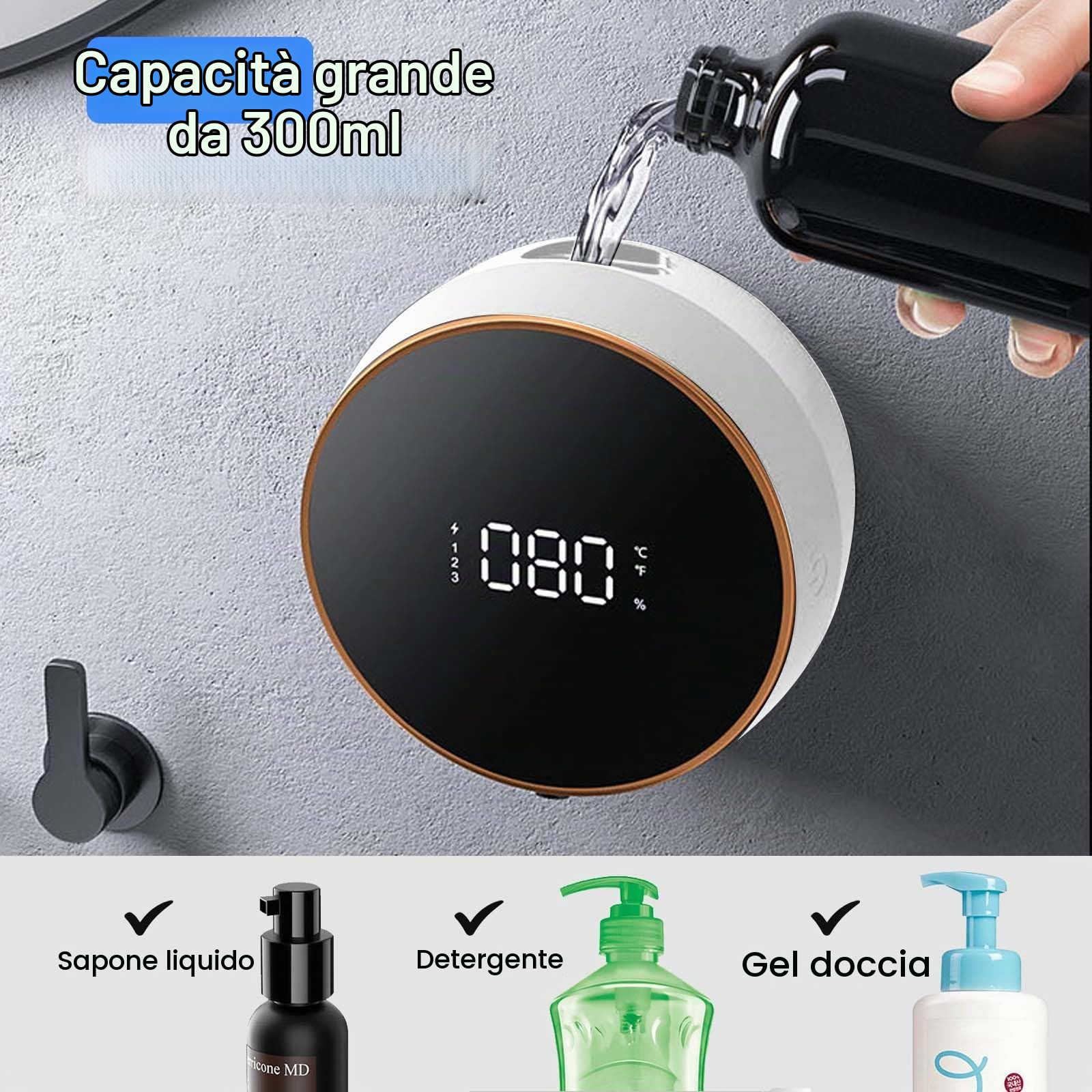 Dispenser Sapone Automatico, 300 ml Dispenser Sapone Bagno con Sensore di Movimento Infrarossi, Parete, Ricaricabile Tramite USB, Impermeabile IPX5, Adatto per Cucina, Bagno (Bianco(versione gel))