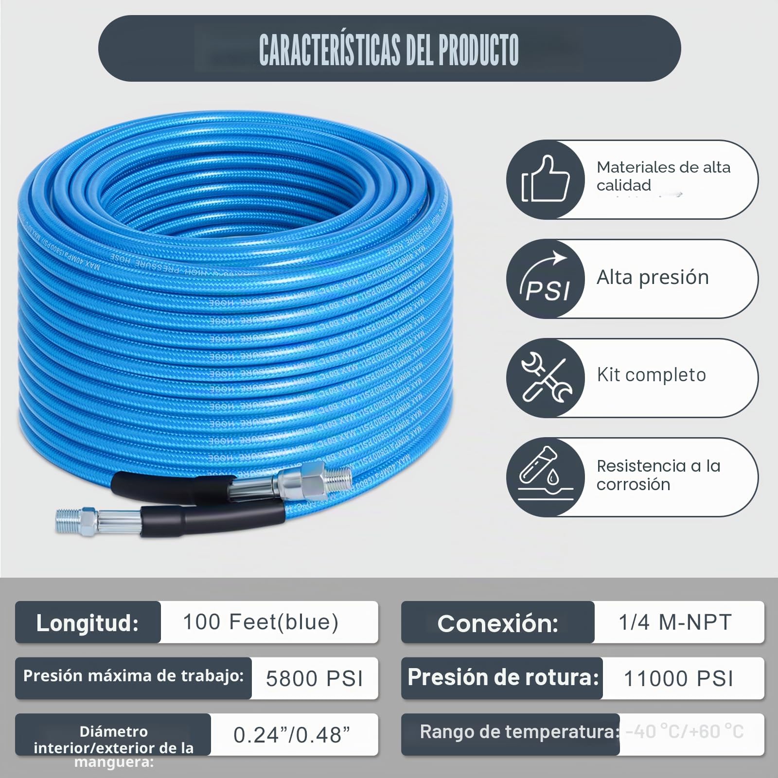 Kit de Limpieza de Tuberías de 30 m para Karcher K2-K7 y Bosch | Manguera Azul de Alta Presión de 5800 PSI con Chorro de Agua para Desatascar y Limpiar Desagües
