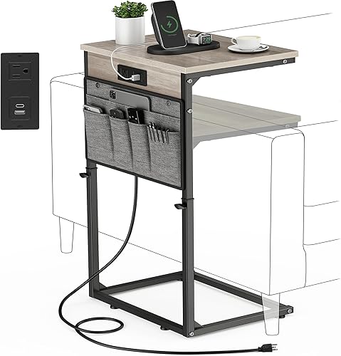 Miniatura 1 de Vagusicc Mesa auxiliar en forma de C con estación de carga, mesa auxiliar de 33 pulgadas de alto para sofá, mesa C de altura ajustable, mesa