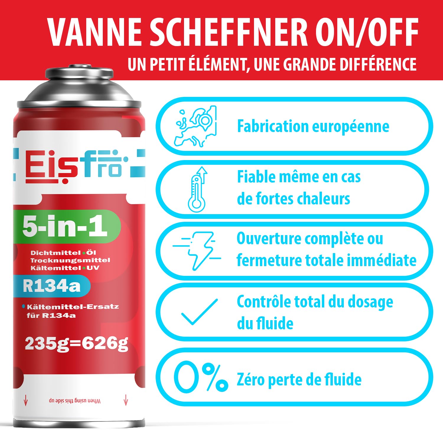 5-en-1 : Réfrigérant R134a + Flexible, 2 x 235 G pour Climatisation Automobile avec Huile, Additif d'Étanchéité, Colorant UV, Agent Déshydratant – Protège Le Compresseur