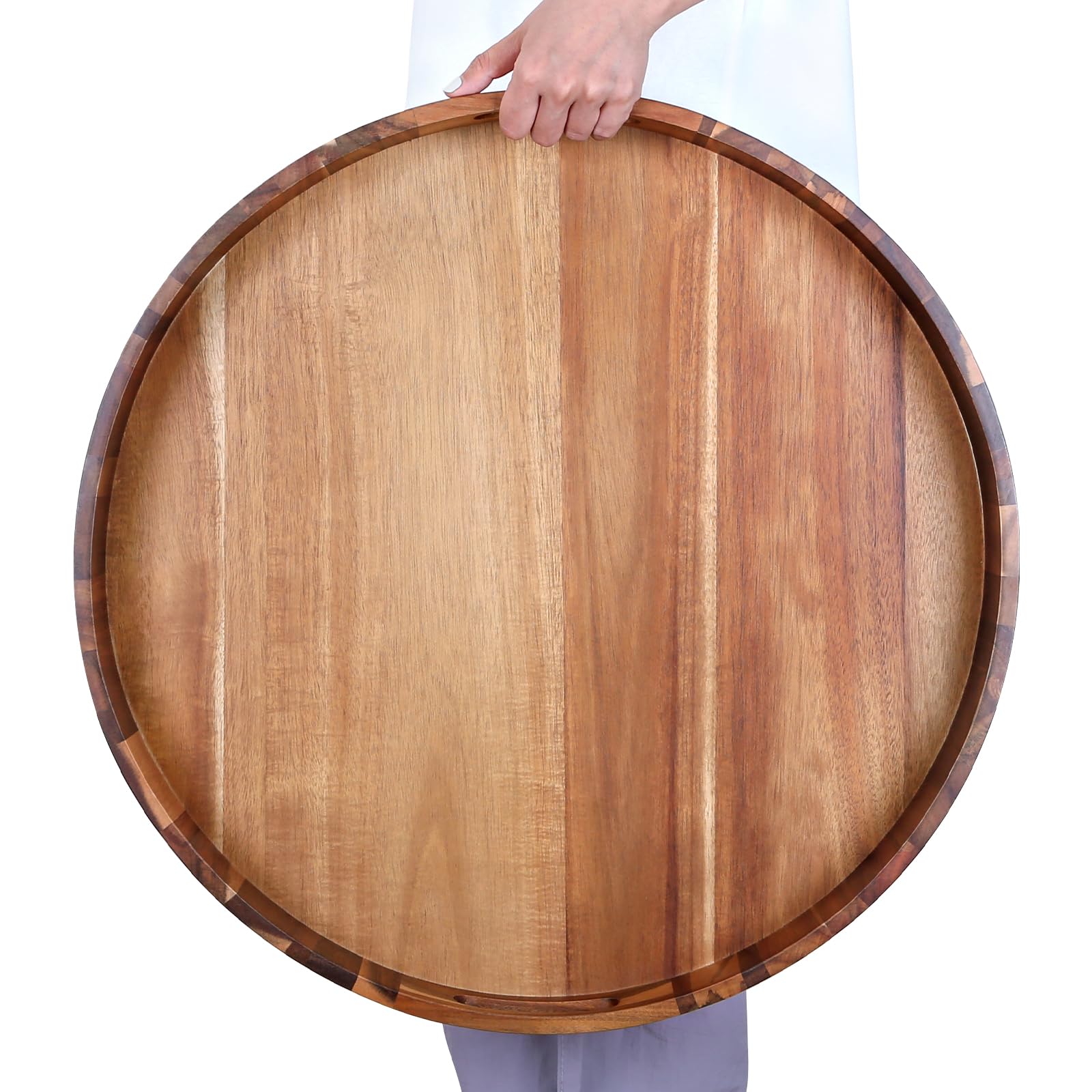 Extra Large 20INCH Premium Acacia Wood Tray Round Ottoman Tray with Handles Wooden Serving Tray Multi-Use for Dinner Breakfast in Bed Coffee Table Snack Entertaining Guests