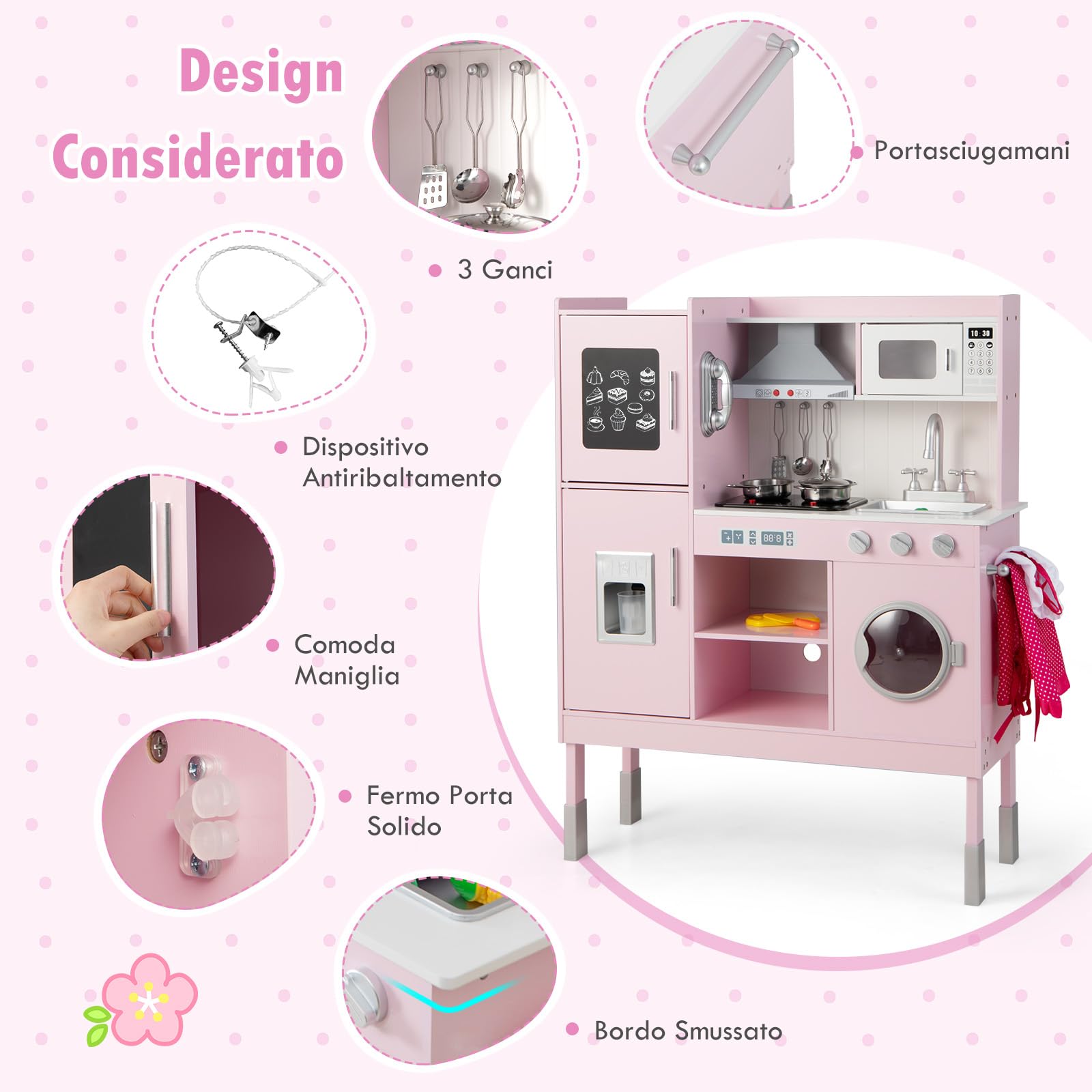 RELAX4LIFE Cucina Giocattolo in Legno per Bambini, Mini Cucina con Luci e Suoni Reali, Altezza Regolabile 97/101/103cm, Set di Cucina per Bambini 3-8 Anni (Lussuosa)