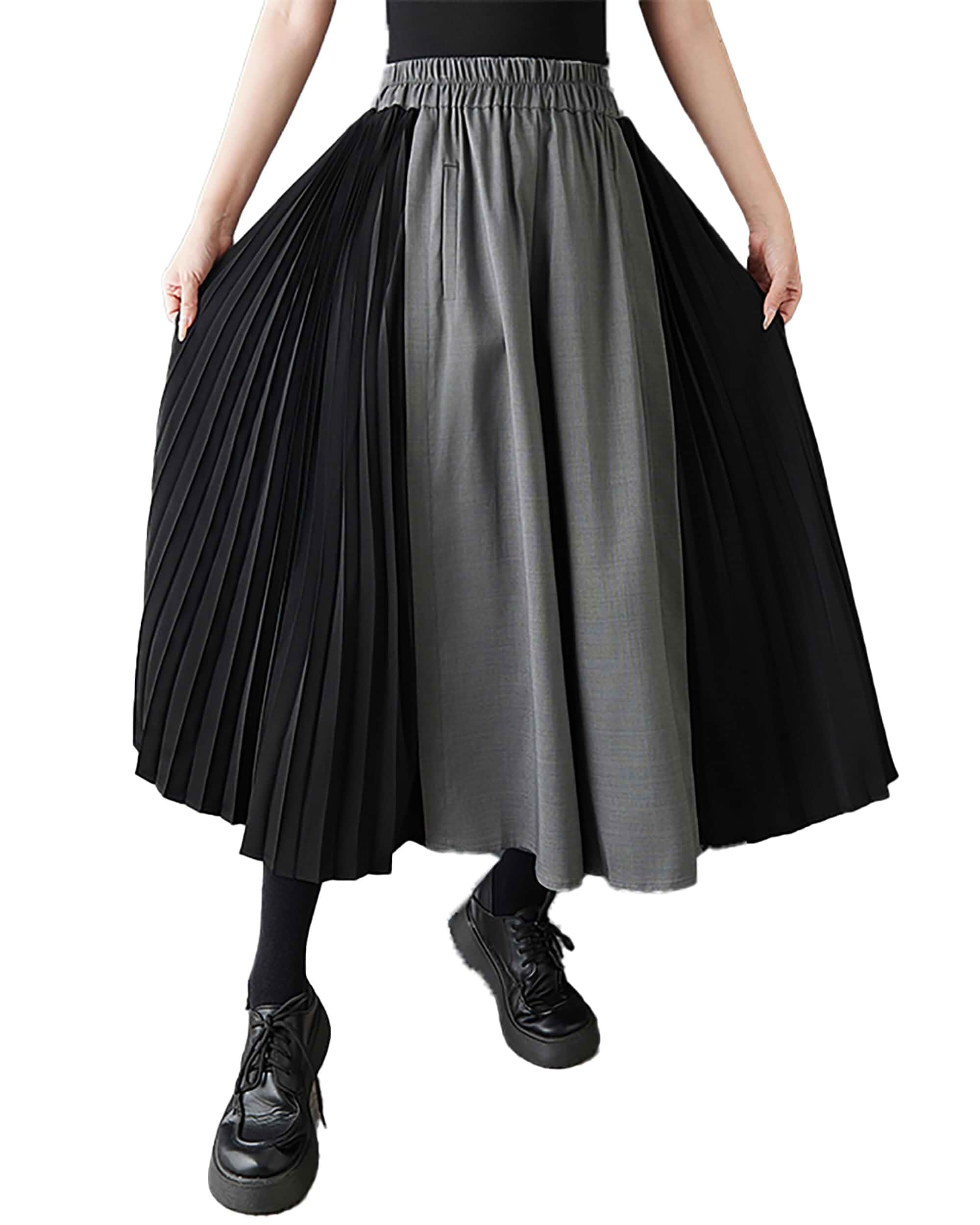 ellazhu Women's Pleated Wide Leg Pants Contrast Color Cropped Palazzo Trousers Loose Elastic Waist Culottes GZ868 A