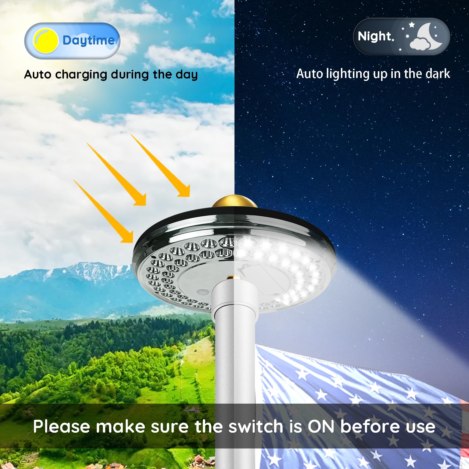 Flag Pole Light Solar Powered Outdoor, IP65 Waterproof Solar Flag Light Top Mount, 60 LED's & 100% Flag Coverage Fits Most 20-25 FT Outdoor Flag Poles from Dusk to Dawn (Black)