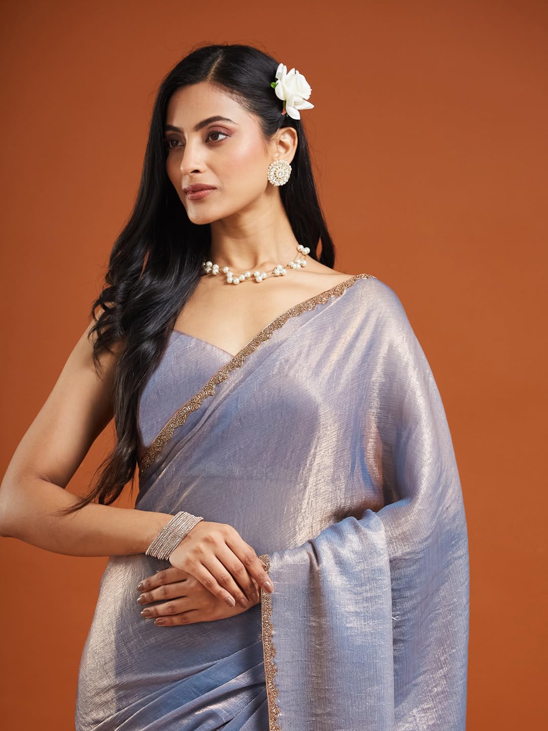 LOROFY Women's Chiffon Two Tone Saree (With Blouse) (Silver) - Image 5 thumbnail