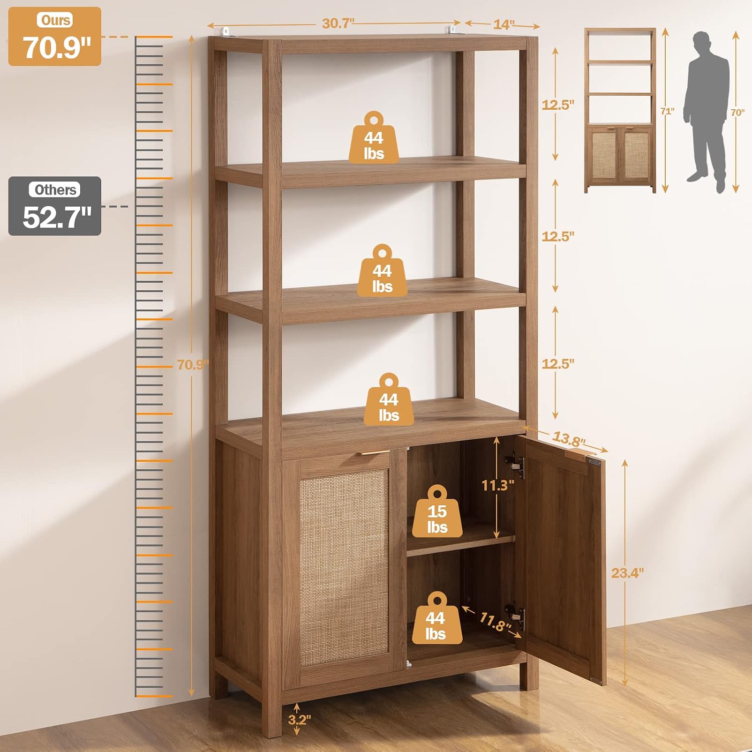 SICOTAS Bookshelf 5 Tier Book Shelf Rattan Boho 71" Tall Bookcase with Doors Storage Shelves Large Bookshelves Farmhouse Bookcases Library Book Case for Living Room Bedroom Home Office Kitchen | Book Shelf, Bookcase, Storage Shelves, Large Bookshelves, Bookcases, Library Book Case