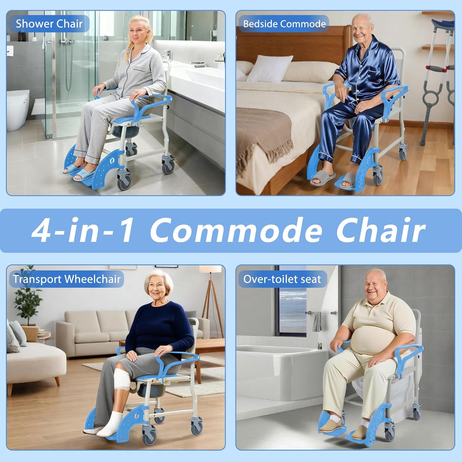4-in-1 Shower Commode Chair with Wheels for Elderly & Disabled Adults, Padded Rolling Toilet Chair, Bedside Commode, Transport Wheelchair with Locking Caster for Bathroom, Home Care (Sky Blue)