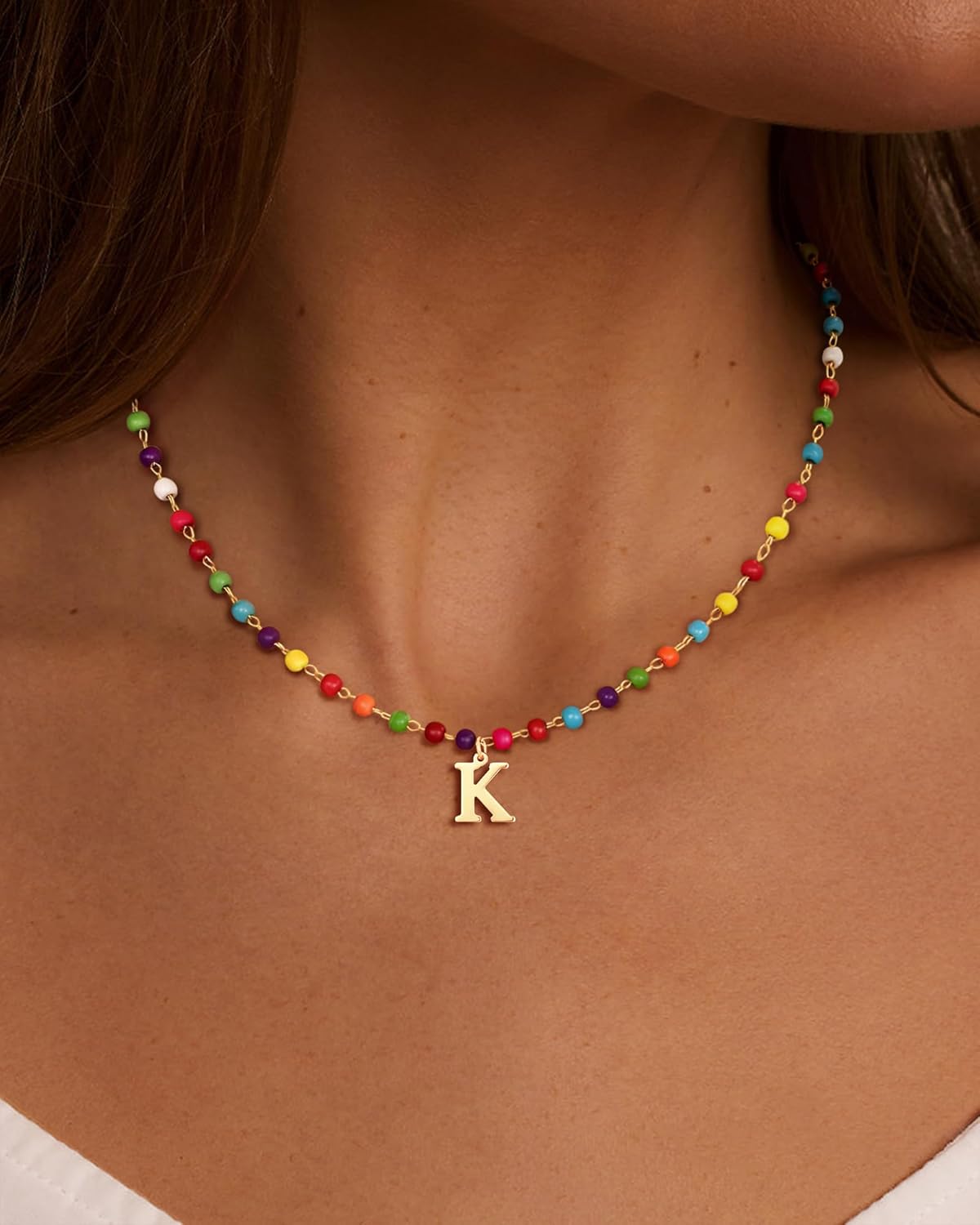 Me&Hz Initial Necklaces for Women Rainbow Beaded Initial Necklaces Boho Colorful Choker Necklace Cute Personalized Letter Necklace for Women Multicolor Beaded Choker Trendy Beach Jewelry Gifts - Image 2