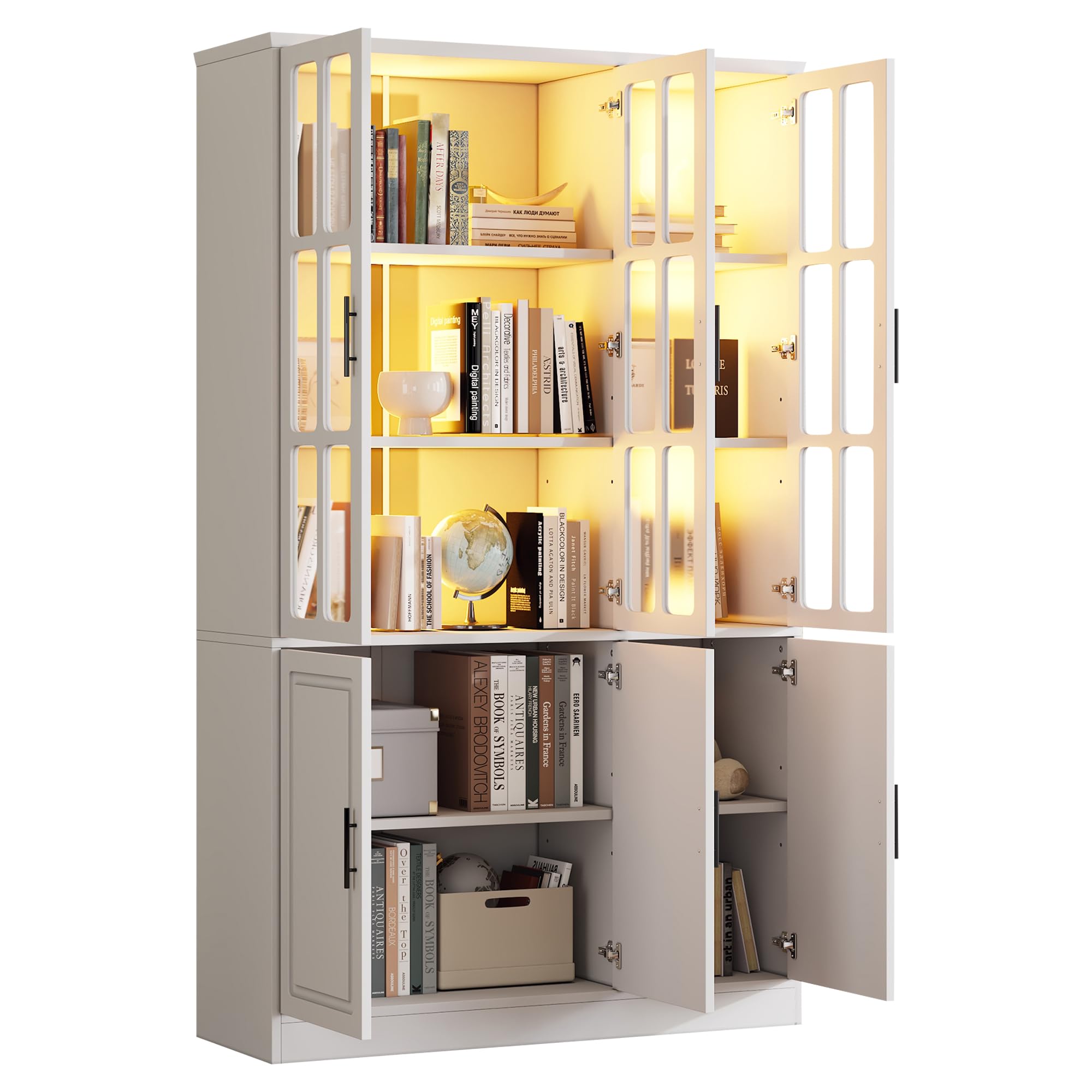 Vitrina de 121,5 x 41 x 200 cm, armario alto con 6 puertas, vitrina de cristal con LED, armario multifunción con divisor ajustable, armario grande
