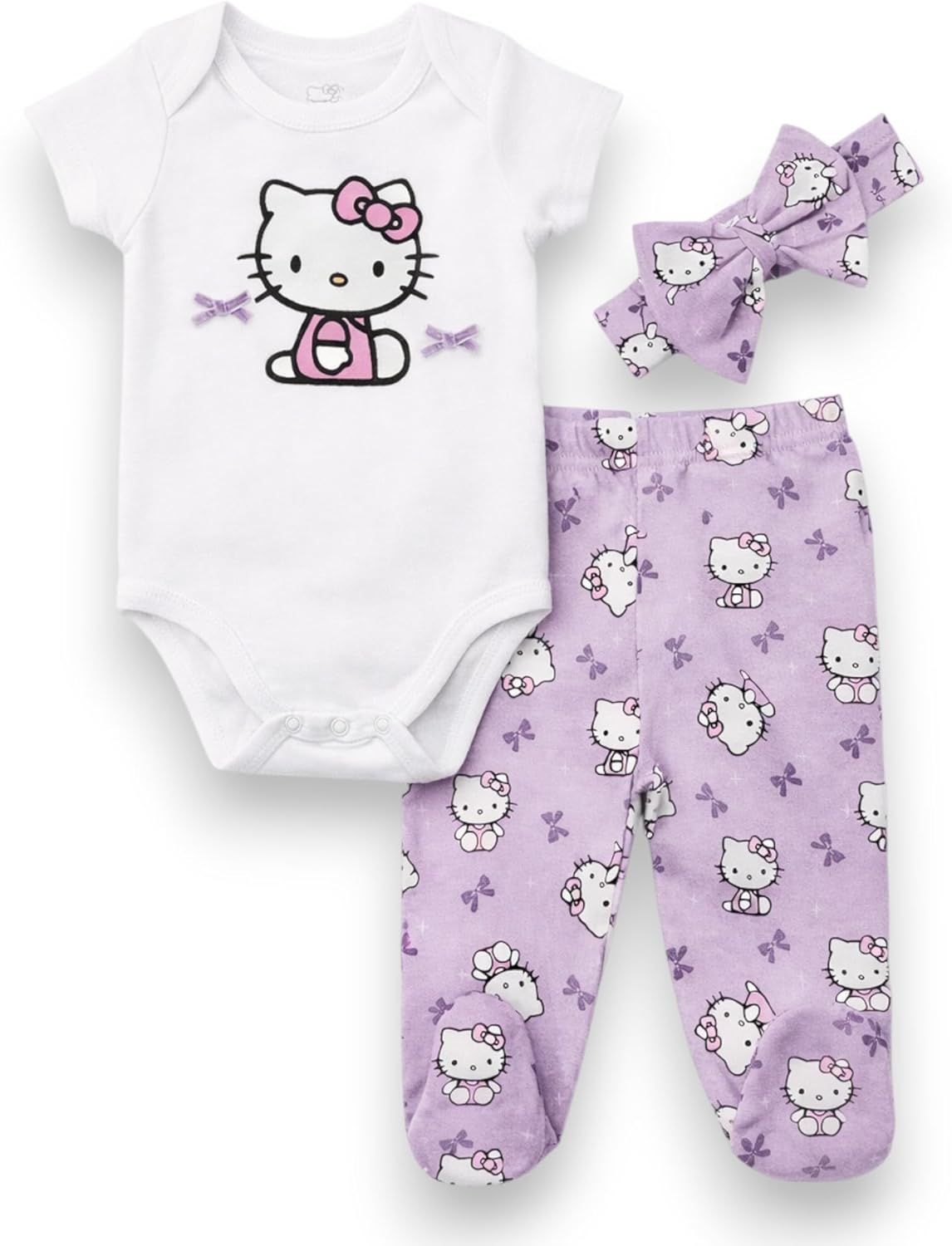 Hello Kitty Baby Girls 3-Piece Footie Set, Short Sleeve Onesie Bodysuit, Footed Pants