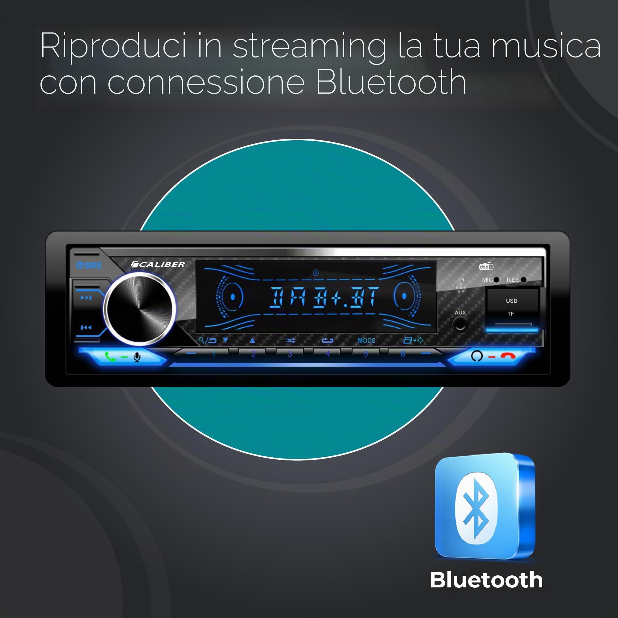 Caliber Autoradio Bluetooth 1DIN, sintonizzatore DAB+/FM, 4 x 75 W, USB/Micro SD, funzione di ricarica 2,1 A, ingresso ausiliario, vivavoce, microfono esterno, uscita RCA, antenna DAB+, 85 mm,