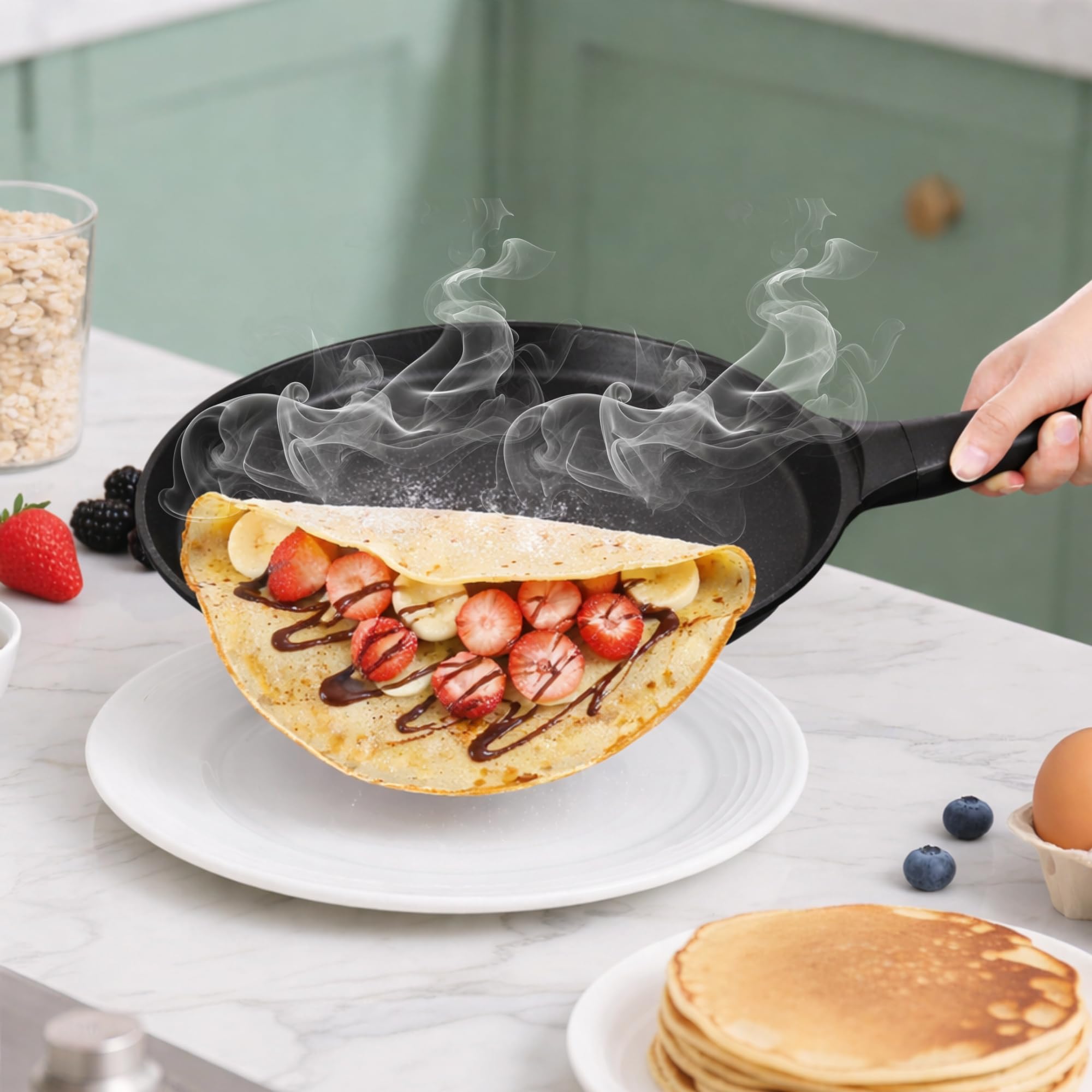 Stone&Stone Padella per Crepes e Pancake 26cm super Antiaderente per Induzione e gas | Crepiera con rivestimento Ceramico Tedesco | Senza PFOA PFAS PTFE | Spatola e Stendi Pastella Inclusi