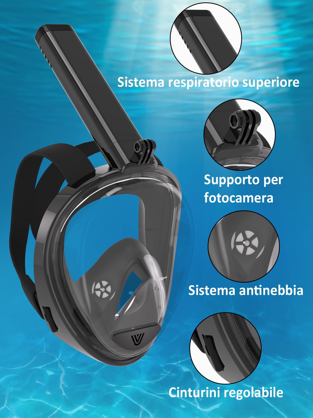 Vitare Maschera da Snorkeling per Adulti e Bambini, Maschera Subacquea Integrale Tecnologia Antiappannamento, Maschera da Mare con Supporto per Fotocamera, Maschera da Sub per Immersioni