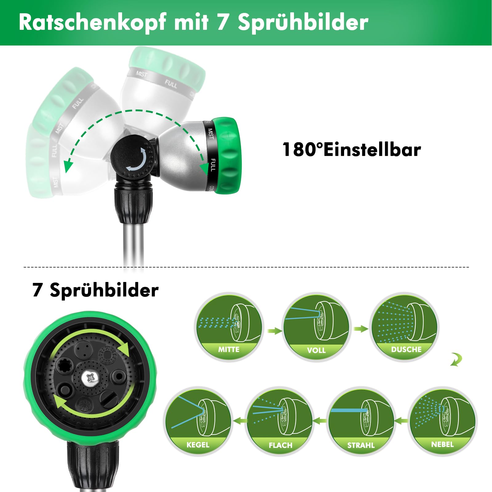 RESTMO Langer Teleskop Gießstab 92-152 cm, Lang Gartenbrause Metall mit 180° schwenkbaren Kopf, 7 Sprühmustern, Durchflusskontrolle, Bewässerung Zauberstab zum Blumenampeln und Sträucher, Grün