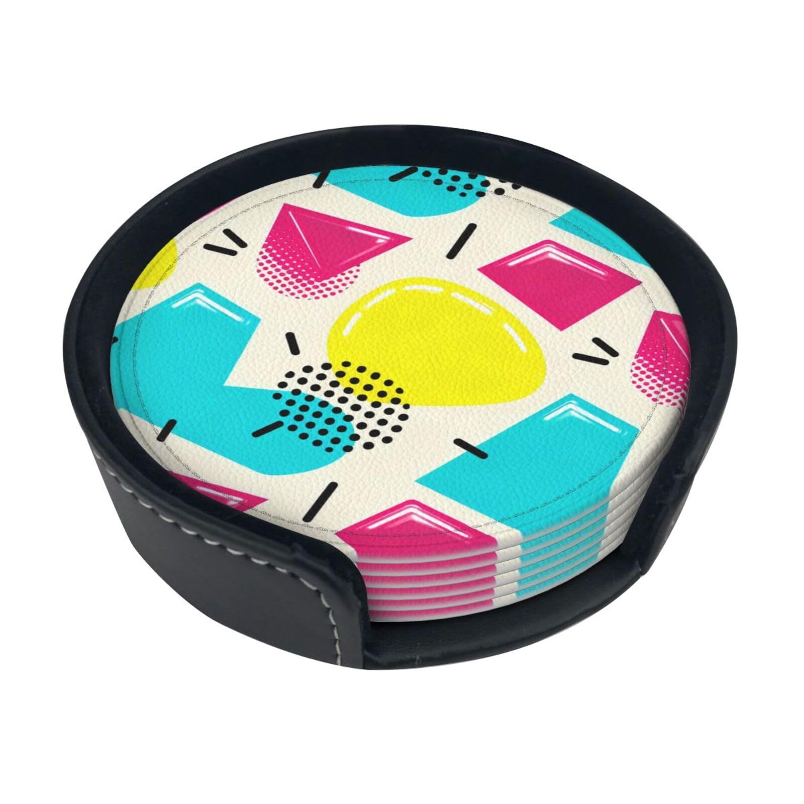 Cntdbu White Memphis Style Leather Coasters Set Of 6-Pu Leather Drink Mats For Table, Heat Resistant Round Coasters With Holder