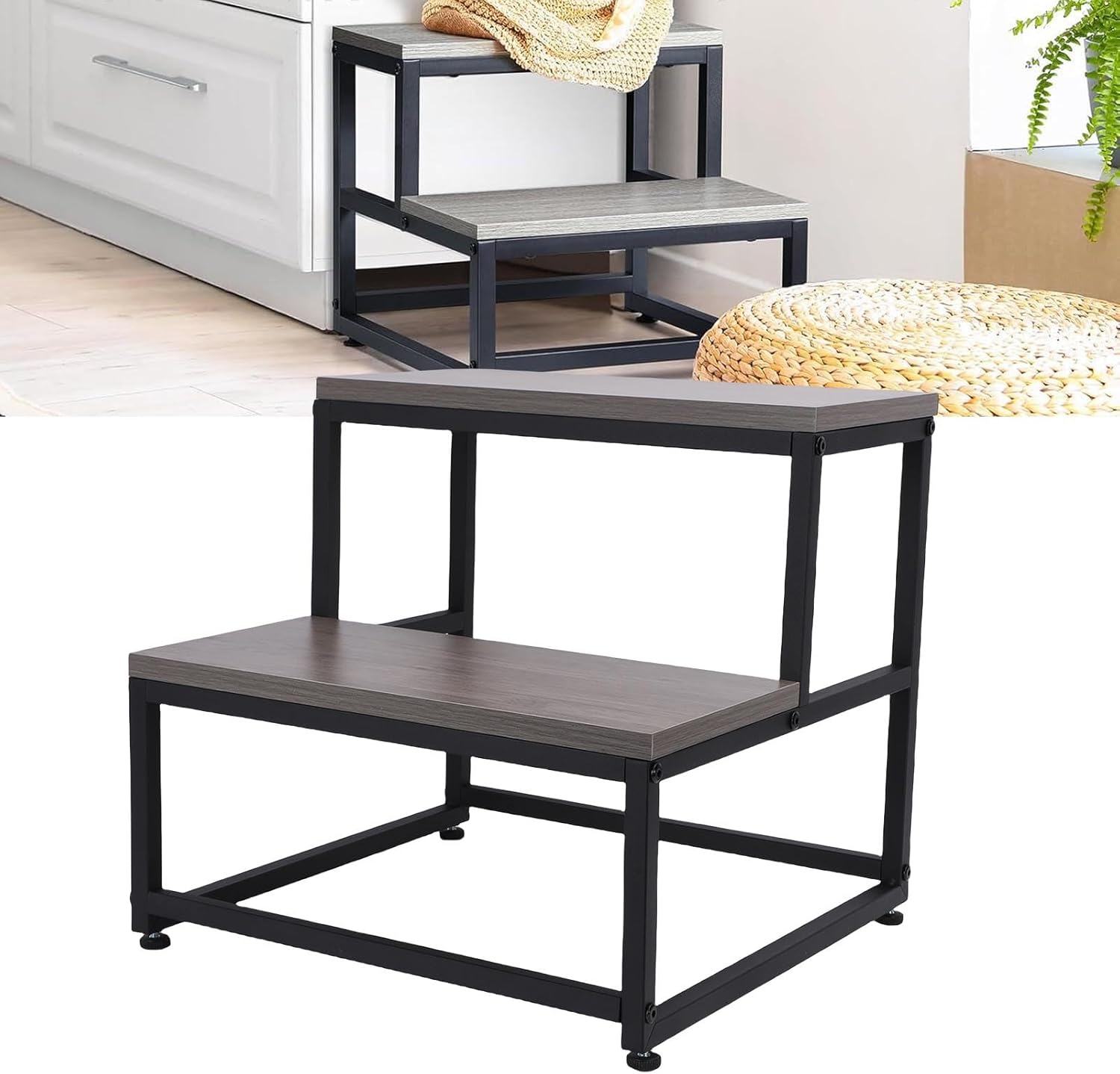 Wooden Step Stools for Adults, 2 Steps Kids High Bed Step Stool, Metal Frame Stepping Stool for Bathroom Kitchen Bedroom Home, 500lbs Load Capacity