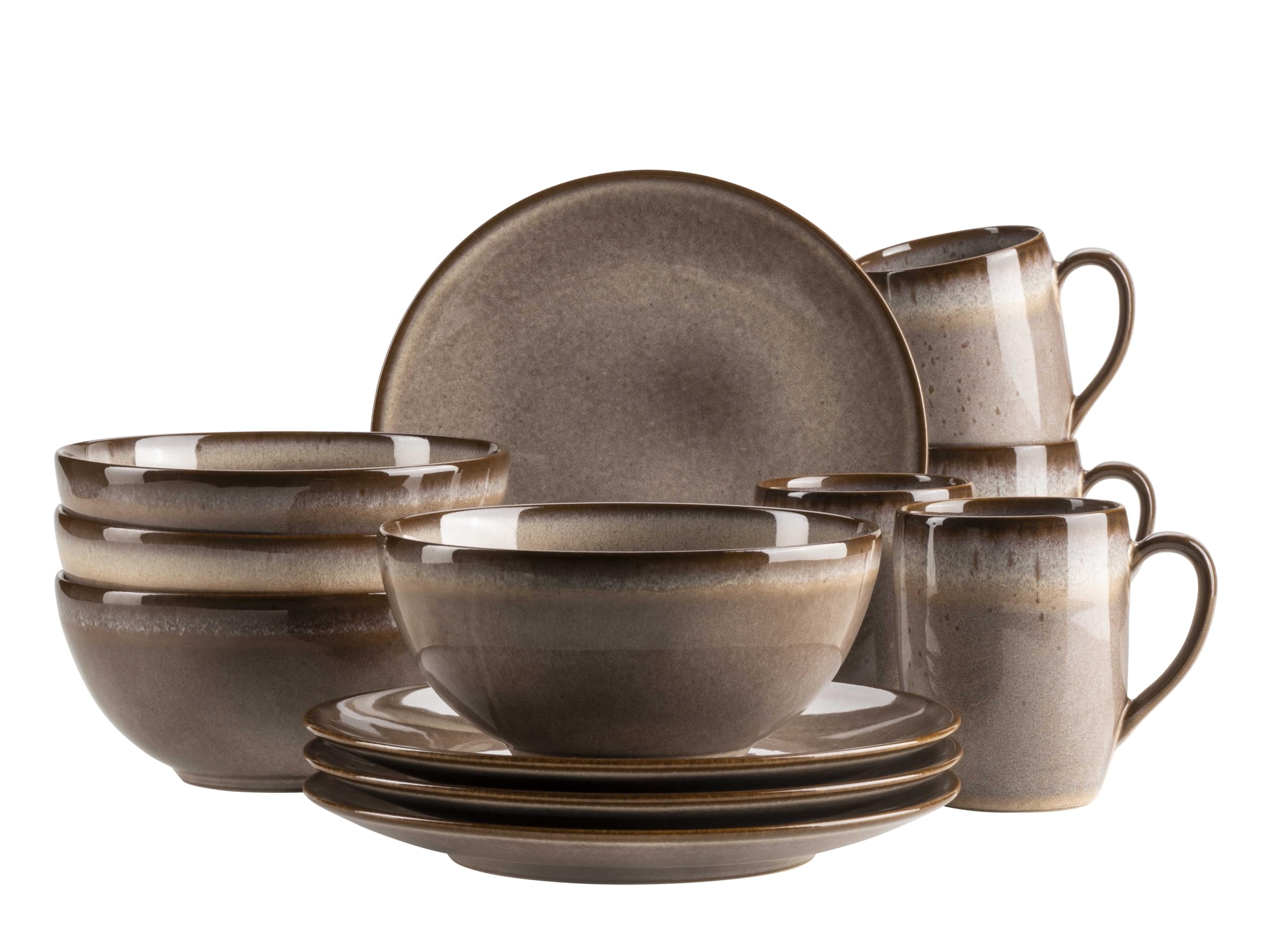 Mäser Smokys Series Crockery Set for 4 People, 12-Piece Breakfast Set in Scandi Look, Stoneware, Brown