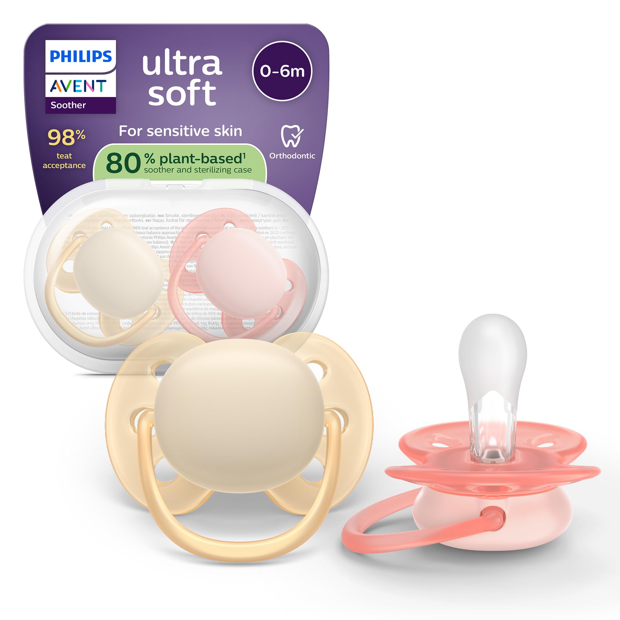 Philips Avent Ultra Soft Soothers - Orthodontic Design, for Babies 0-6 Months, Flexible Shield, Silicone Symmetrical Teat, BPA-Free, with Sterilizing Case, 2 Pack, SCF091/38