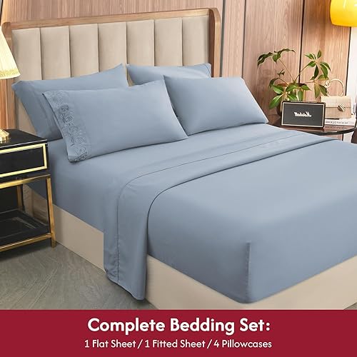Miniatura 5 de Juego de sábanas tamaño King, 6 piezas, microfibra de lujo sin arrugas, certificado Oeko-TEX, transpirable y elástica, bolsillos de 16 pulgadas de