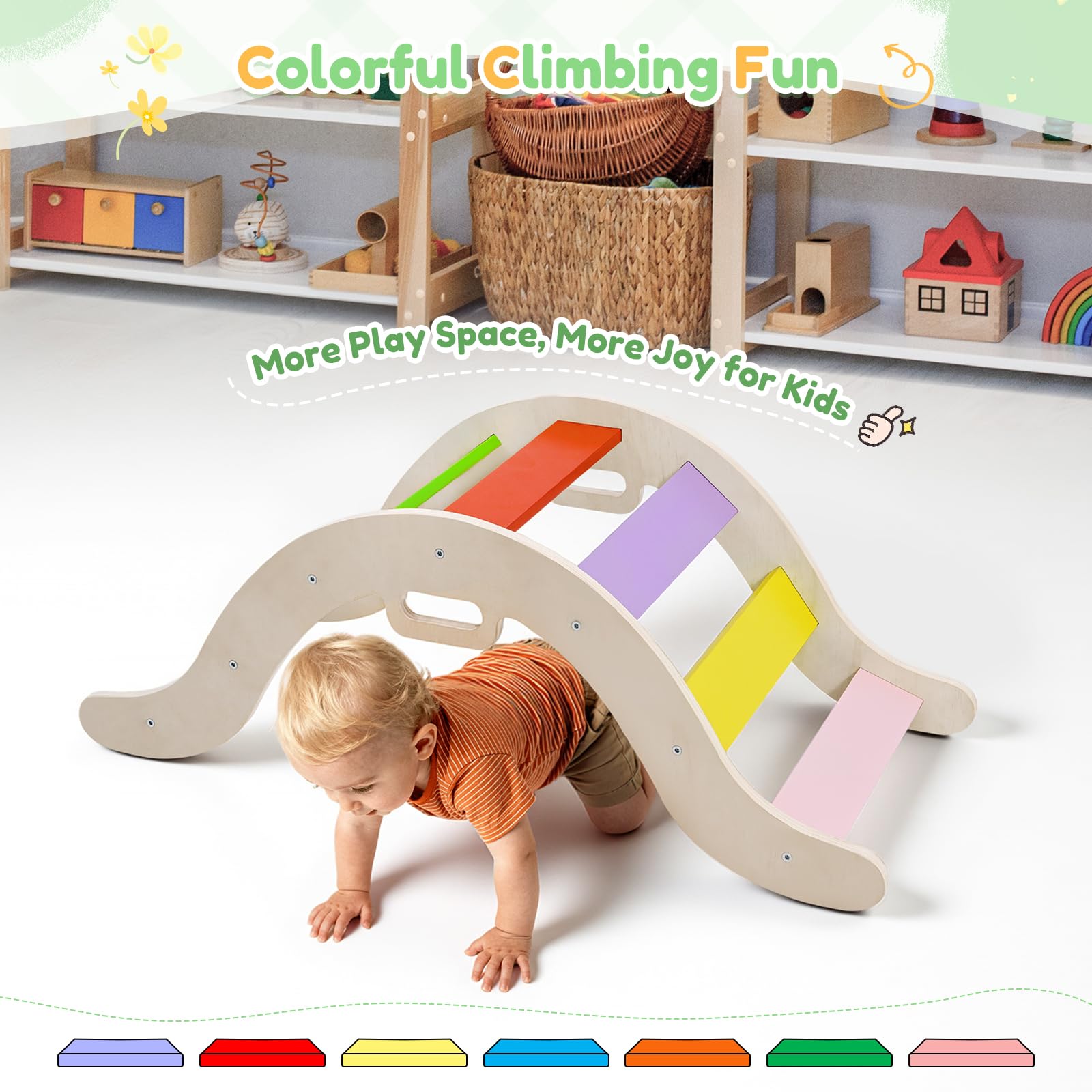 Kletterspielzeug für Kleinkinder, Kletterleitern aus Holz für Kinder, faltbares Klettergerüst für Kinder, Montessori-Spielausrüstung für Kleinkinder (Regenbogenfarben-2 in 1)