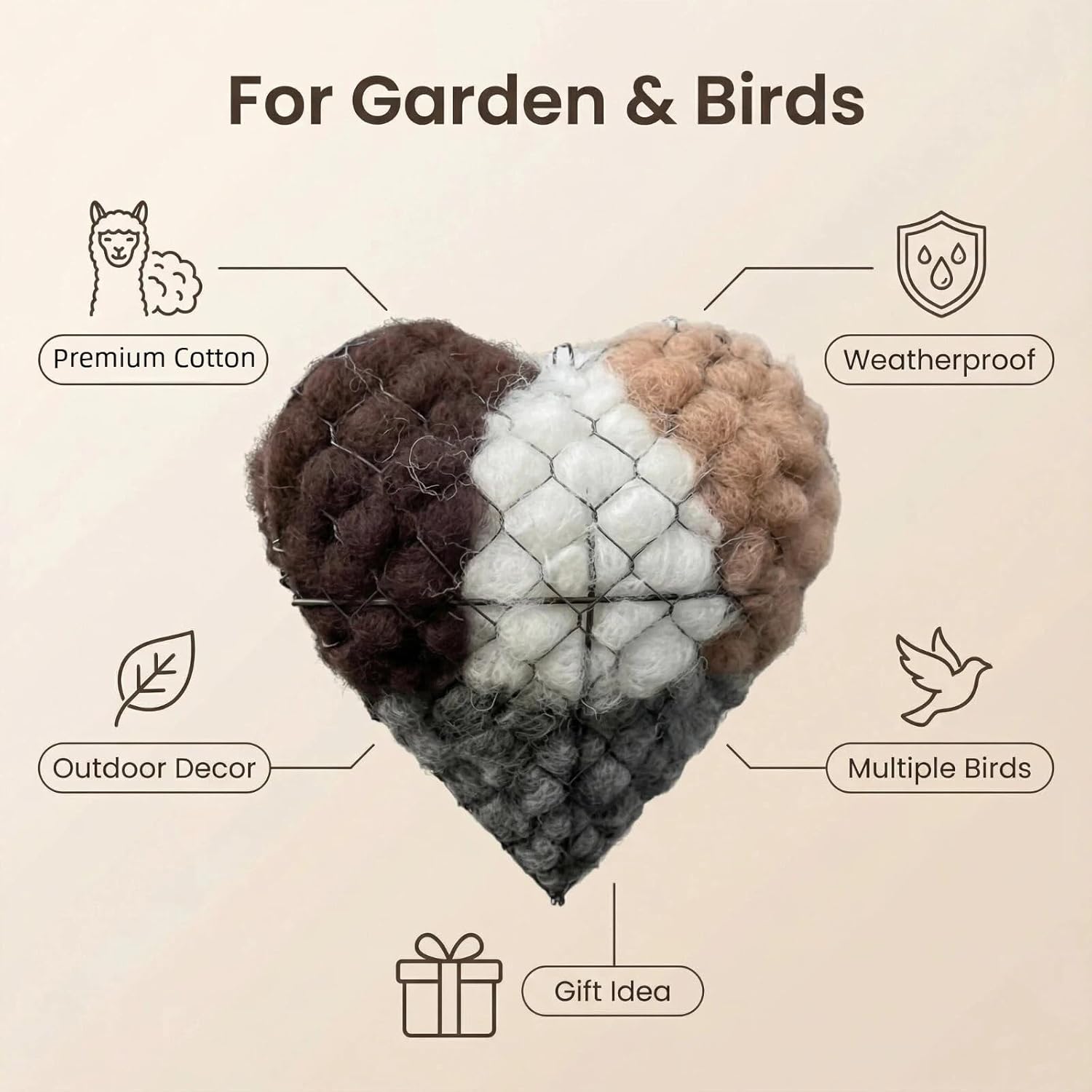 Handmade Alpaca Fiber Bird Nesting Heart - Winter Shelter for Wild Birds & Hummingbirds, Garden Art Nesting Material Holder, Outdoor Birdhouse Gift for Bird Lovers (2PCS)