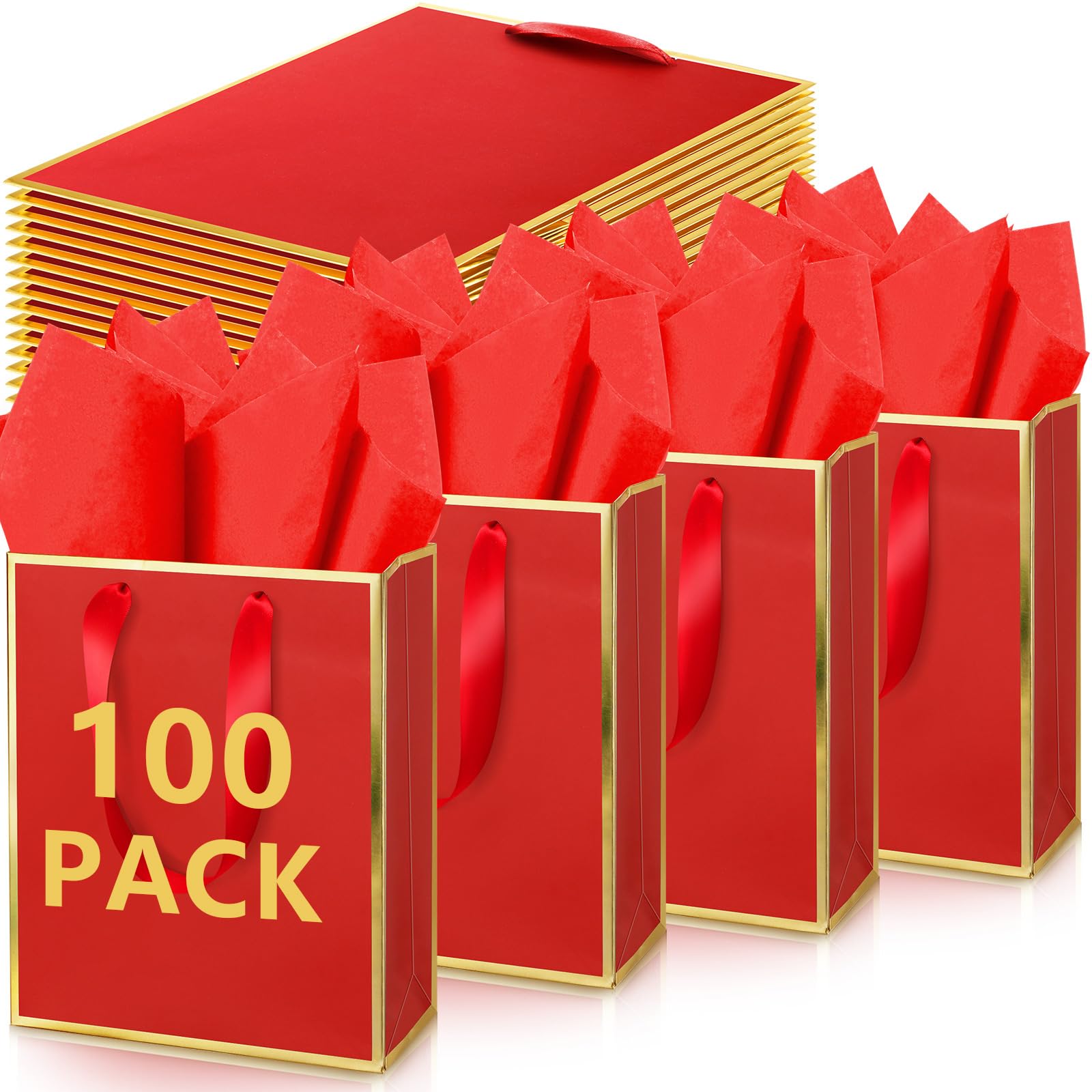 Yeaqee 100 Pack Metallic Gift Bags with Handle and Tissue Paper Red Gold Foil Welcome Bag for Wedding Guest Fall Party Christmas Bridesmaid Baby Shower Birthday 9x7x 3.15''