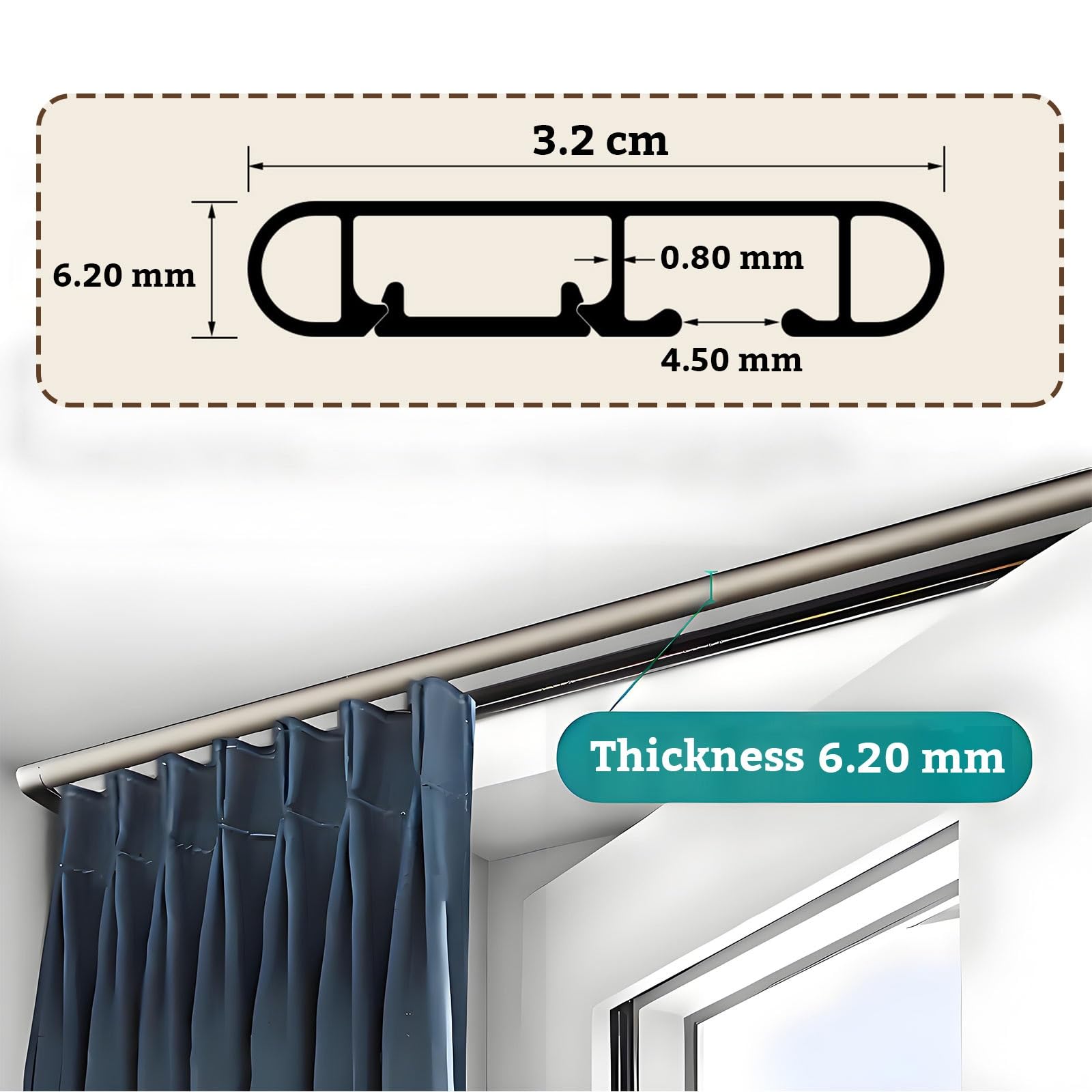 Ultra cienki aluminiowy system szyn sufitowych – samoprzylepna szyna przesuwna do oddzielenia pomieszczeń i prywatności (biała, 1,70 m) – oszczędność miejsca