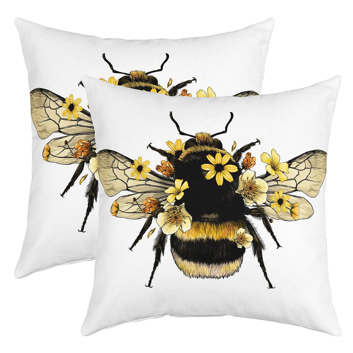 Richhome Multi 9 Honeybee Throw Pillow Cover Set Of 2 Yellow White Flower Plant Room Decor Pillow Cover Flying Rustic Animal Throw Pillow Cover For Outdoors Chair Car,18"X18"