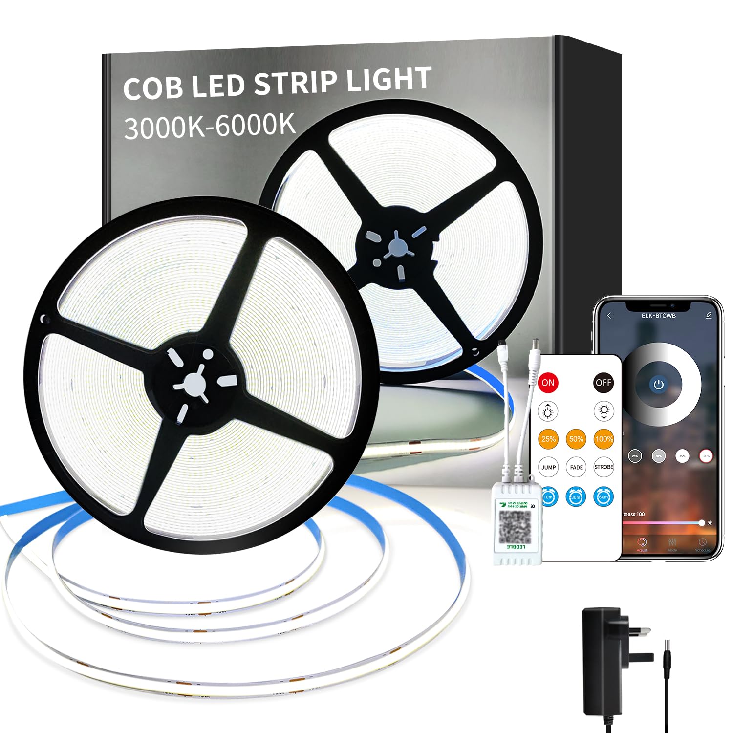 Yeewhale COB LED Strip Lights 6000K 20M 24V Dimmable White LED Strip Kit, with Remote and app Control and UKCA Power Supply LED Tape Lights,for DIY Home Decoration