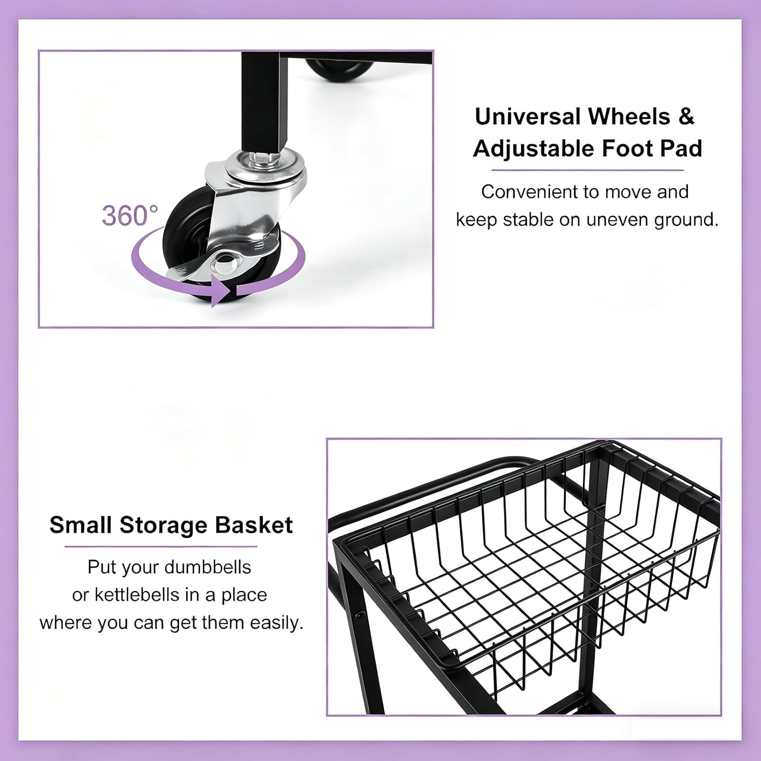 Workout Equipment Storage Rack Metal Yoga Mat Storage Rack, Weight Cart Home Gym Storage Rack with Wheels for Dumbbells, Yoga Mats, Kettlebells, Foam Rollers