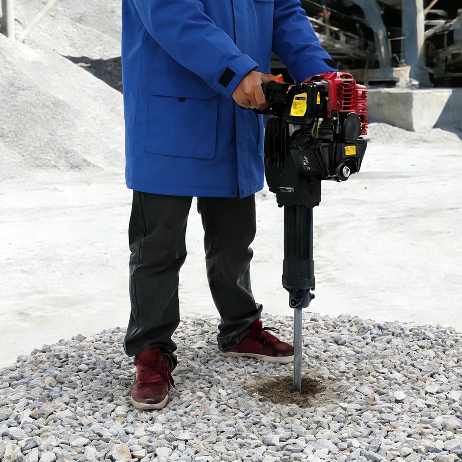 Martillo de demolición de gasolina de 52 cc, 2 tiempos, 1900 W, potencia de impacto 20 – 55 J, refrigerado por aire, incluye cincel puntiagudo y plano, apto para hormigón, piedra y demolición