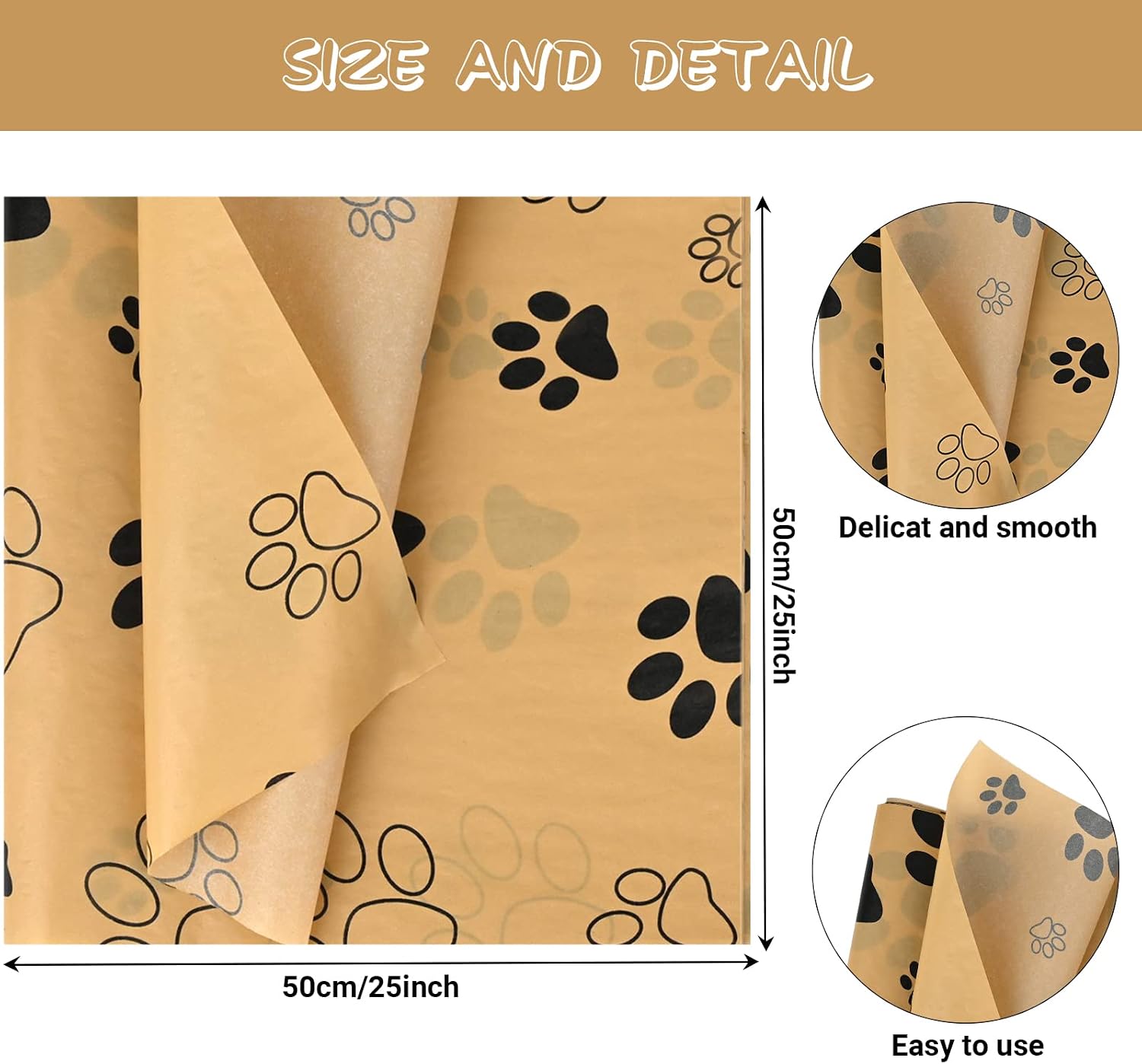 60 Sheets 20 x 20 Inch Brown Kraft Dog Paw Print Tissue Paper Puppy Paws Gift Wrap Tissue for Gift Bags Wrapping DIY Crafts