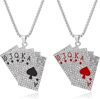 2Pcs Playing Card Pendant Necklace for Women Men Hip Hop Rock Playing Card Poker Pendant Necklace Luck Royal Flush Ace of Spade Stainless Steel Necklace Hip Hop Unisex Jewelry Gift (Black Red)