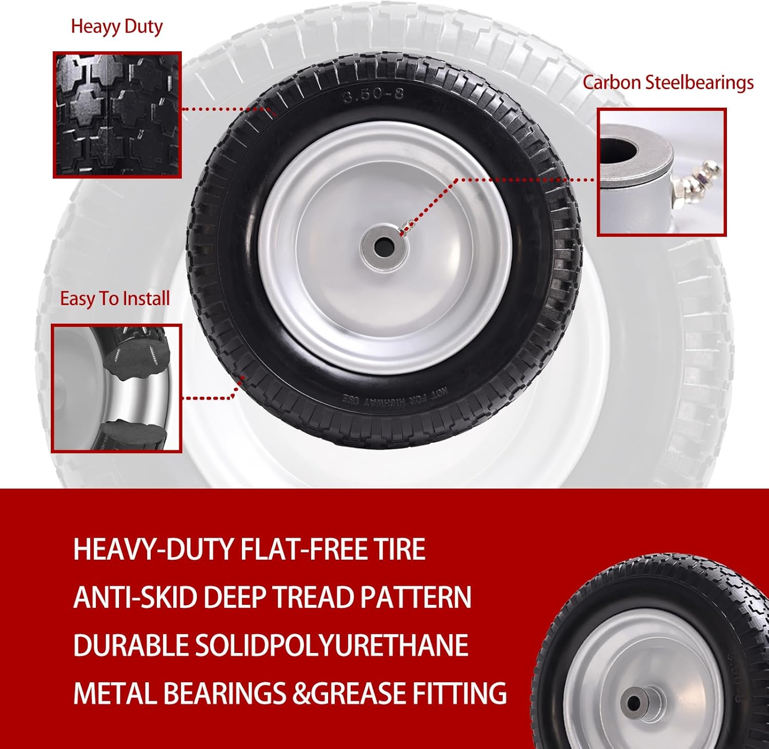 14.5" Wheelbarrow Tire, 3.50-8" Flat-free Solid Tire and Wheel with 3" -7" Centered Hub and 5/8" & 3/4"Bearings for Wheelbarrow Trolley Dolly Lawn Mover Go Kart Replacement (2-Pack)