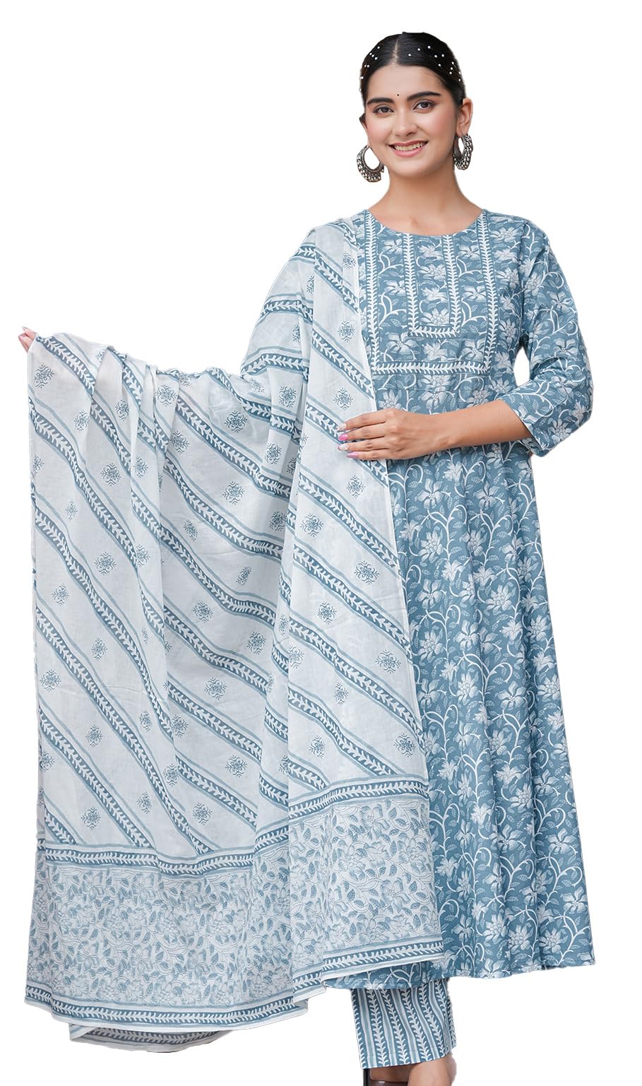 Yash Gallery Women's Cotton Floral Printed Anarkali Kurta with Pants & Dupatta Set