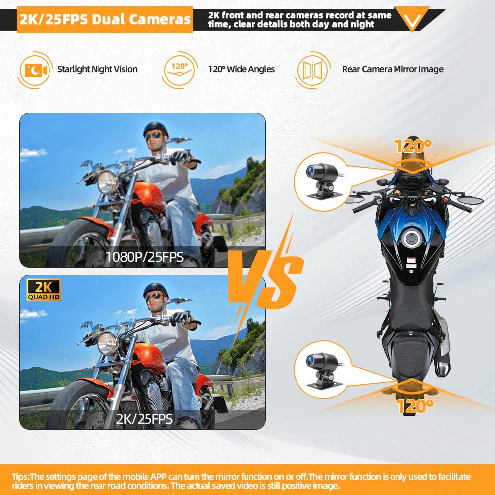 VSYSTO Motorrad Dashcam, Zwei 2K Starlight Nachtsichtkameras mit 5G WLAN, Parküberwachung, GPS, TPMS, wasserdicht, Temperaturanzeige, Unterspannungsschutz (Q3PRO)