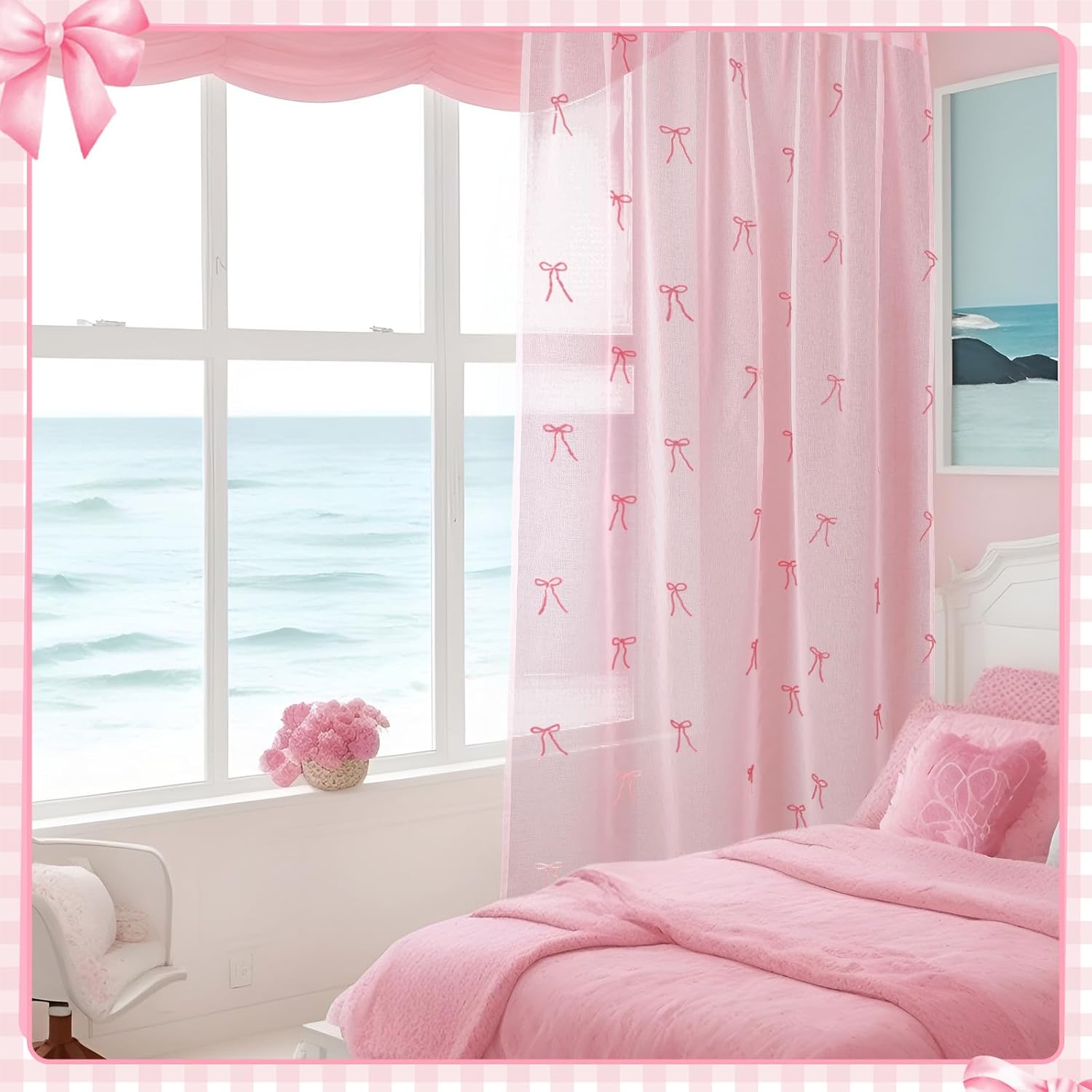 Tegeme 2 Panels Pink Bow Sheer Curtains 84 Inches Long Embroidered Voile Curtains Decorative Coquettish Sheer Shades Faux Linen Semi Window Decor for Home Party Office