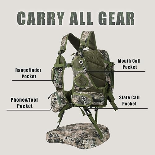 Vista 23 de UIIHUNT Chaleco de pavo con asiento: chaleco ligero de caza de pavo con bolsa de juego, accesorios ajustables para equipo de caza de pavo Tree Camo