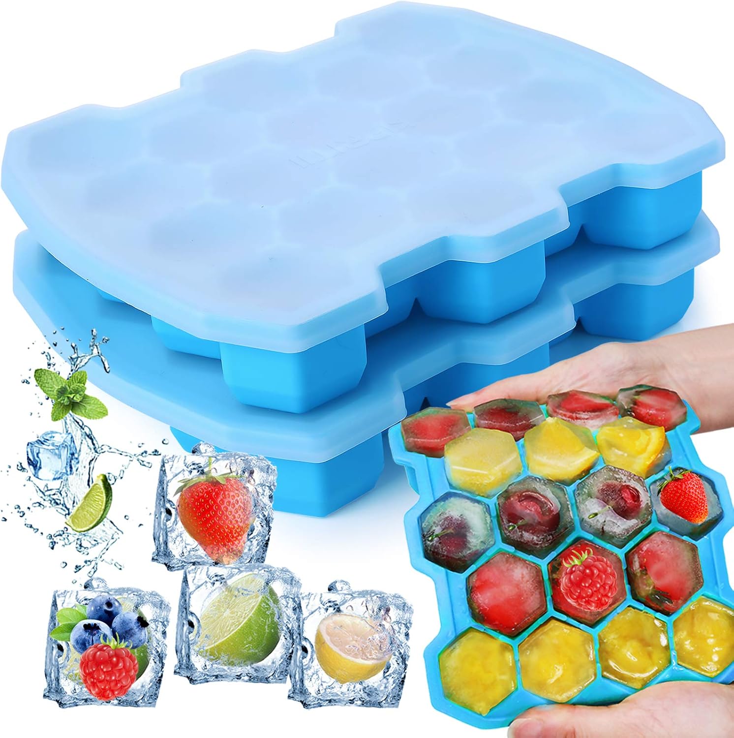 KIPRITII Silicone Ice Cube Trays with Sealed Lid Includes 36 Ice Cube, 2 Packs Easier-Released Ice Trays Molds (Blue)
