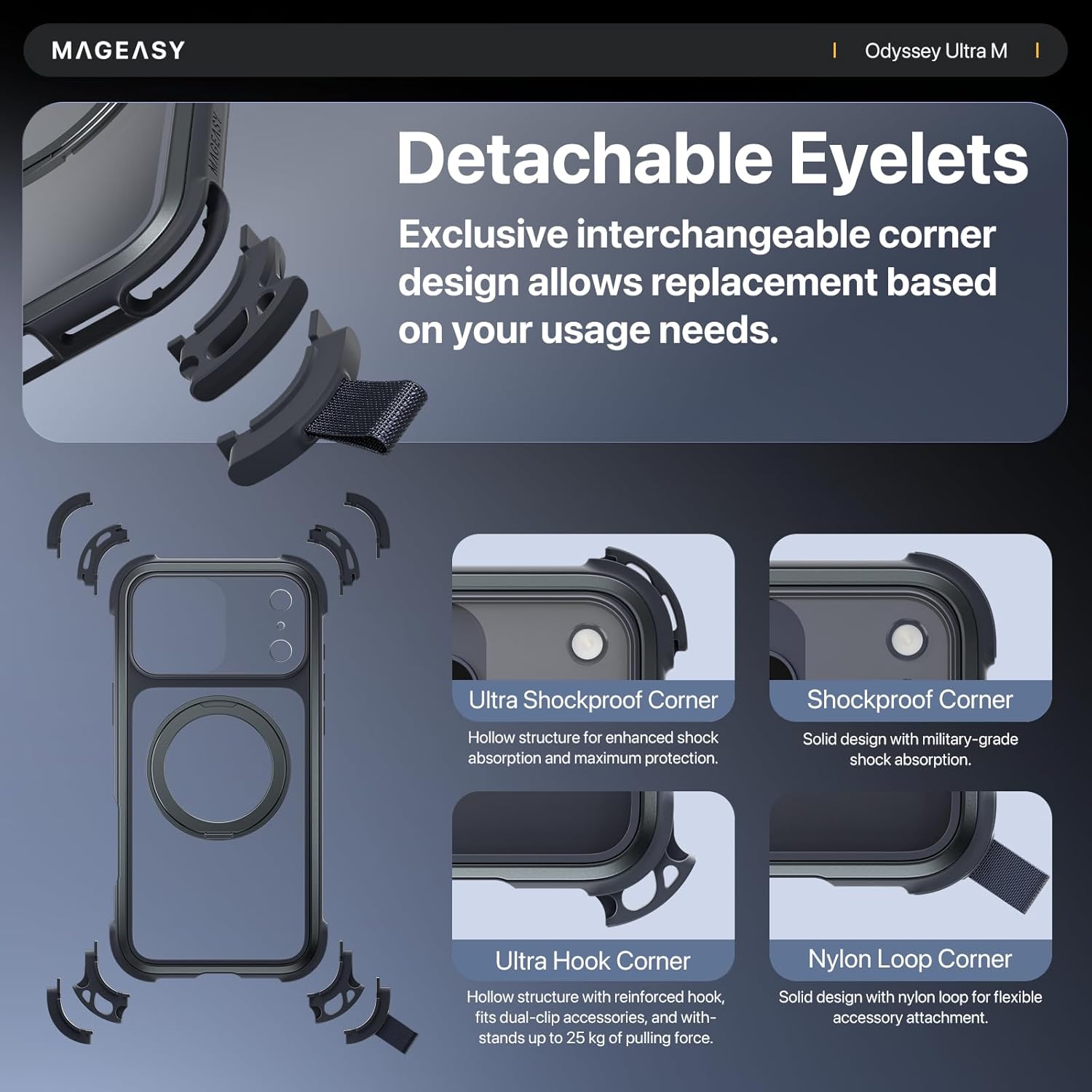 MAGEASY Compatible with iPhone 17 Pro Max 6.9" Case with 360° Stand - 25ft Ultimate Drop Protection, Work with MagSafe, Crossbody Utility Strap, Aluminum Frame | Odyssey Ultra M (Mist)