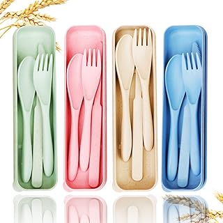 Reusable Travel Utensils Set with Case, 4 Sets Wheat Straw Portable Knife Fork Spoons Tableware, Eco-Friendly BPA Free Plastic Cutlery Travel Picnic Camping Utensils for Kids Adults Daily Use