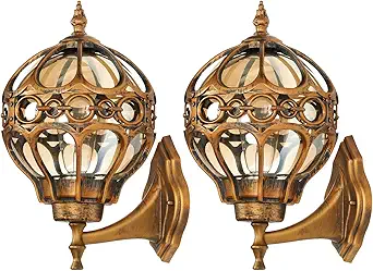 Gold Outdoor Wall Light Fixtures, Globe Exterior Aluminum Waterproof Porch Lights, Sphere Anti-Rust Outside Lantern Wall Mount with Amber Glass for Patio Backyard Garage Doorway, 2 Pack