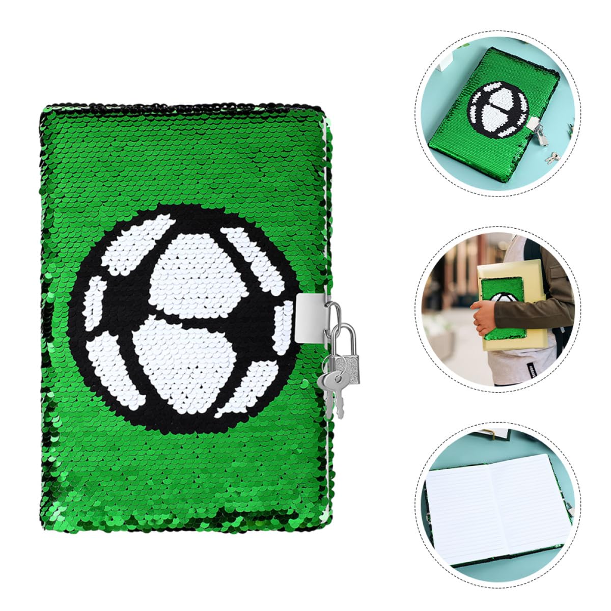 VICASKY Diario Calcio con Lucchetto e Decorazioni Scuola, Quaderno Calcio Ragazzo Ragazza in Carta Verde con Effetto Scintillante, Set 2 Pezzi Portatile per Scuola