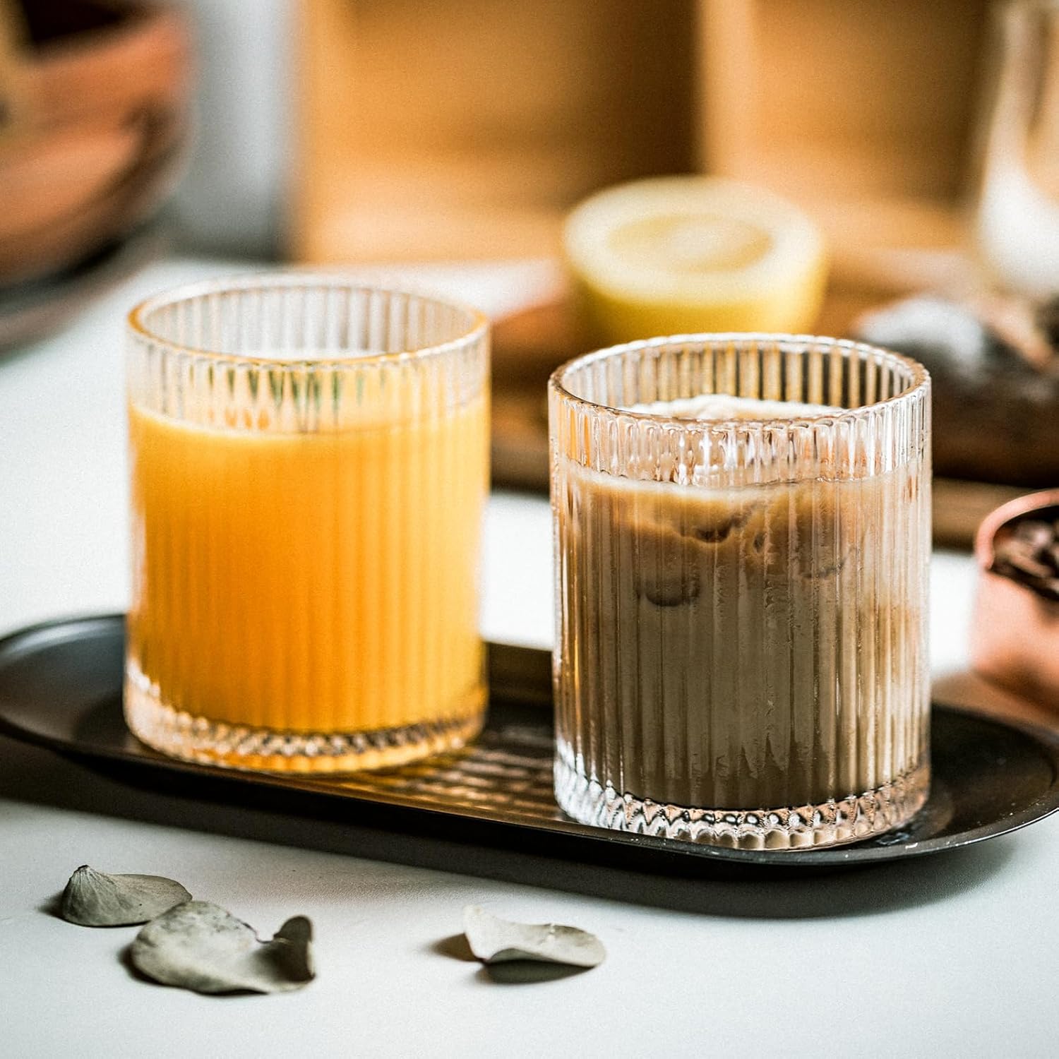 INSETLAN Set of 8 Ribbed Glassware - 4 Large Glasses 17 oz, 4 Rocks Glass Cups 10 oz, Vintage Glassware Cocktail Glasses, Ideal for Beer, Juice, Water, Ice Coffee Cup, Whiskey, Mixed Drinkware - Image 8