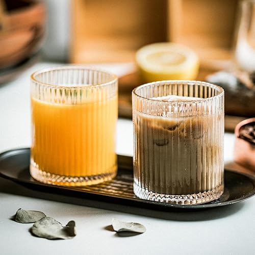 Miniatura 8 de INSETLAN Juego de 8 vasos acanalados – 4 vasos grandes de 17 onzas, 4 vasos de vidrio de 10 onzas, vasos de cóctel de cristalería vintage, ideales