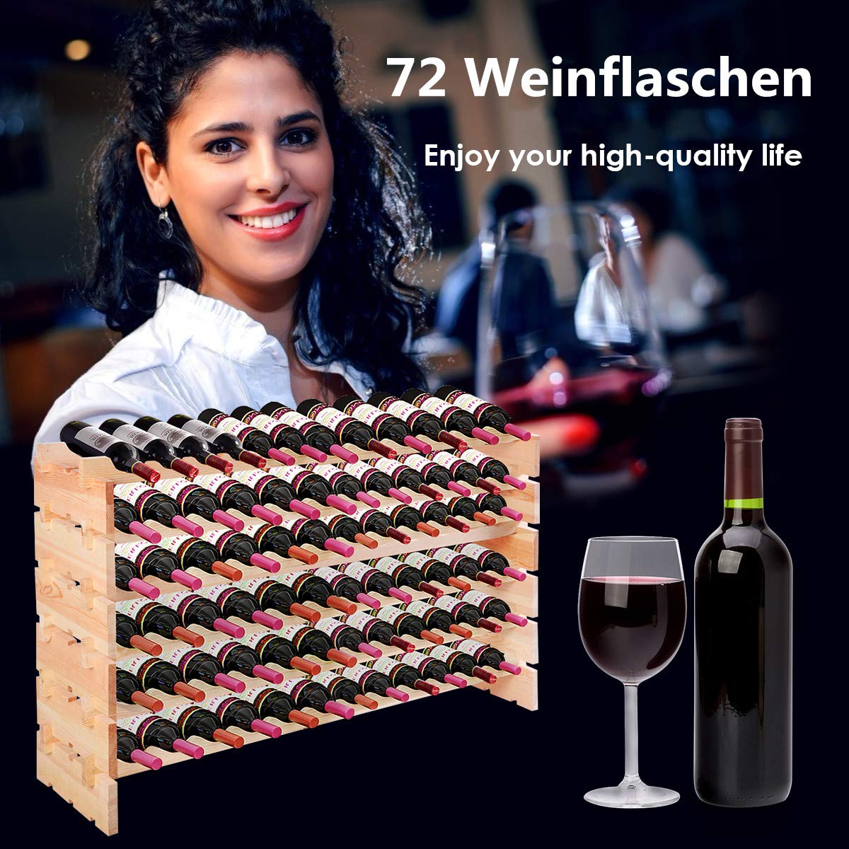 RELAX4LIFE Weinregal Kiefer, Weinschrank für 72 Weinflaschen, 6 Höhe Stapelbar, Weinständer für Küche & Wohnzimmer & Kneipe & Bar, ideale Weinfalschenregal für Weinliebhaber und Sammler, Natur