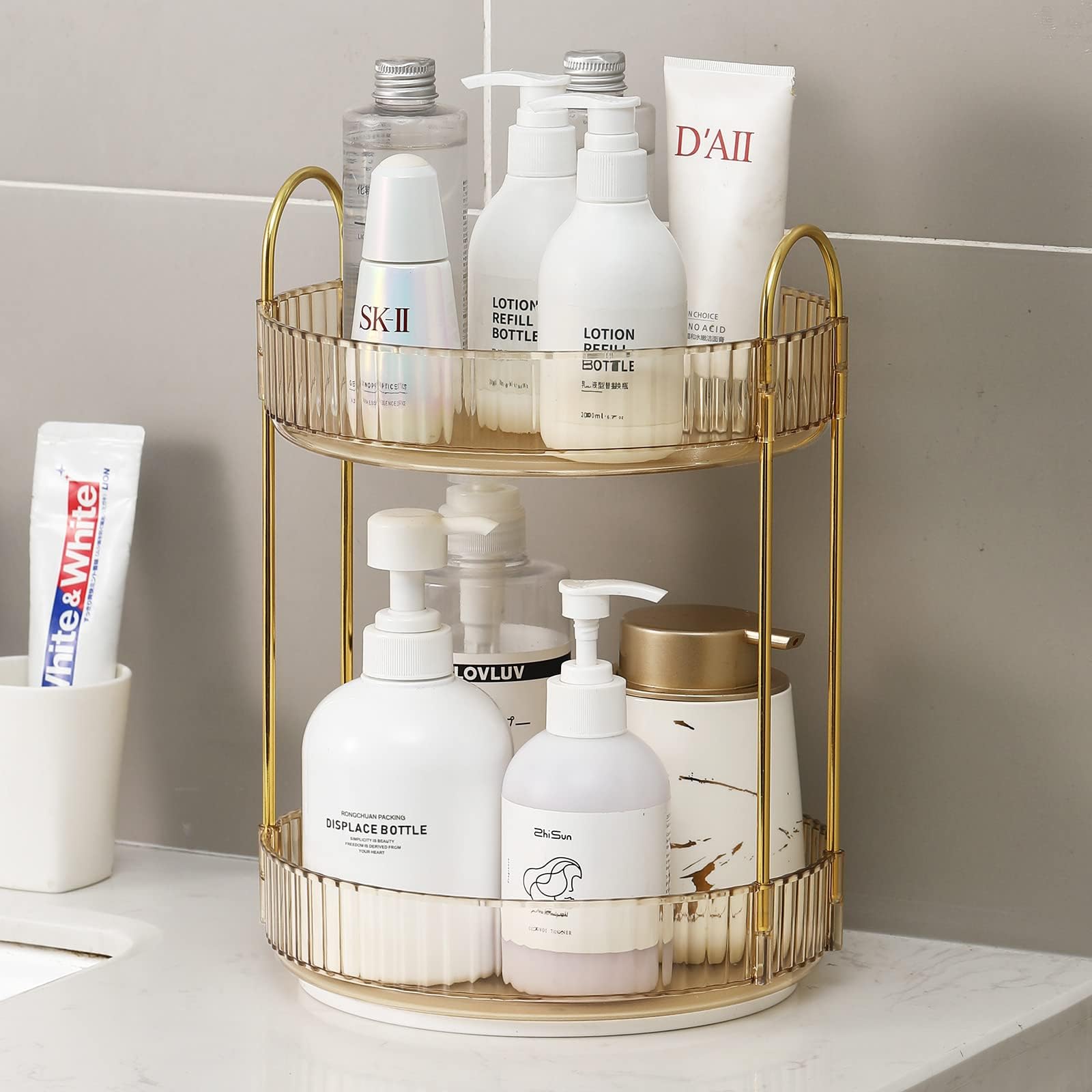 360° Rotating Makeup Organizer, High-Capacity Skincare Clear Make Up Storage, Perfect Makeup Organizer On The Dresser, Cosmetics Storage Box Vanity Shelf Countertop (2 Tiers, yellow)