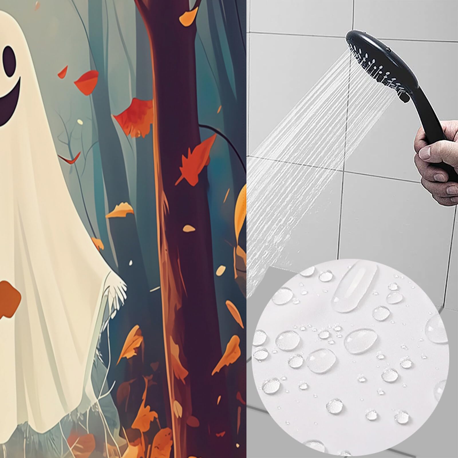Duschvorhang Halloween Kürbisgeist Wald-Cartoon Duschvorhänge H240Xb200Cm | Anti-Schimmel Wasserdicht Polyester Stoff Waschbar Bad Vorhäng Für Badzimmer Mit Haken