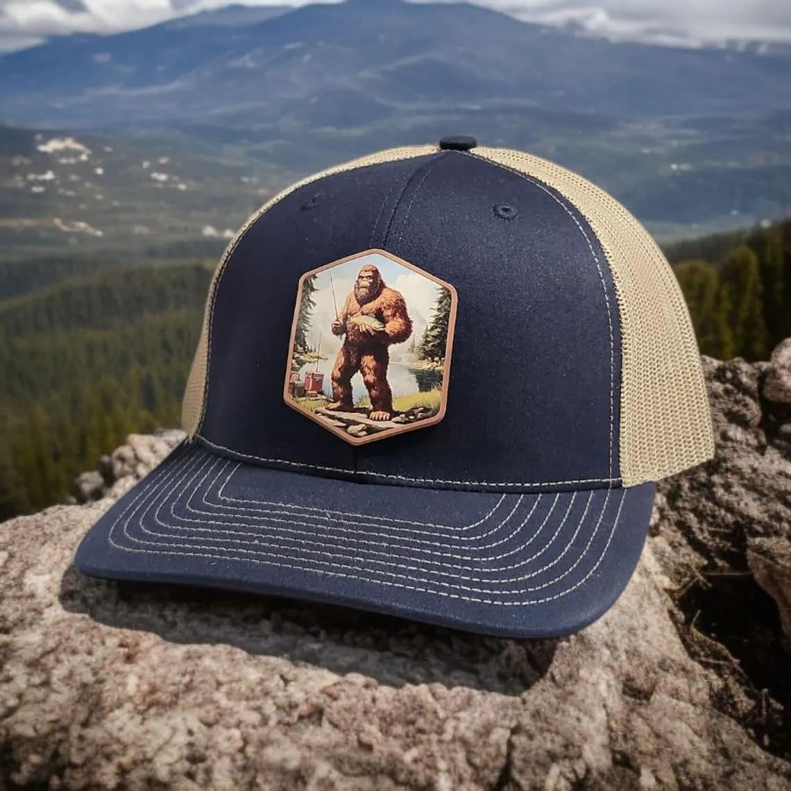 Bigfoot Fishing Hat for Men - Funny Sasquatch Trucker Hat - UV Printed Patch on Leatherette - Outdoors, Fishing, Hiking, Camping Hat Gift for Birthdays - Fishing Cap with Adjustable Snapback Multi