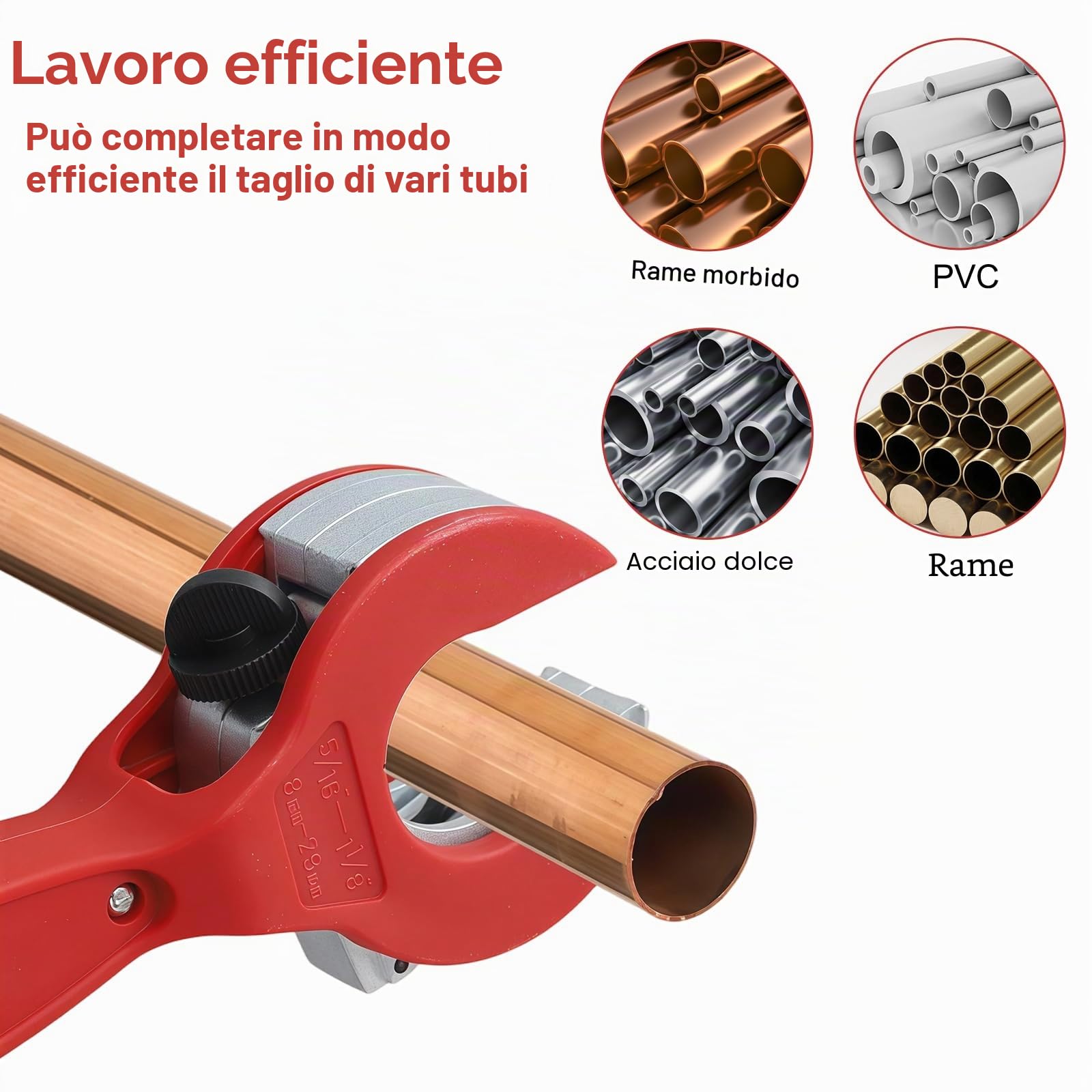 Tagliatubi a cricchetto per tubi 8-29 mm, acciaio inossidabile, rame, alluminio, rosso